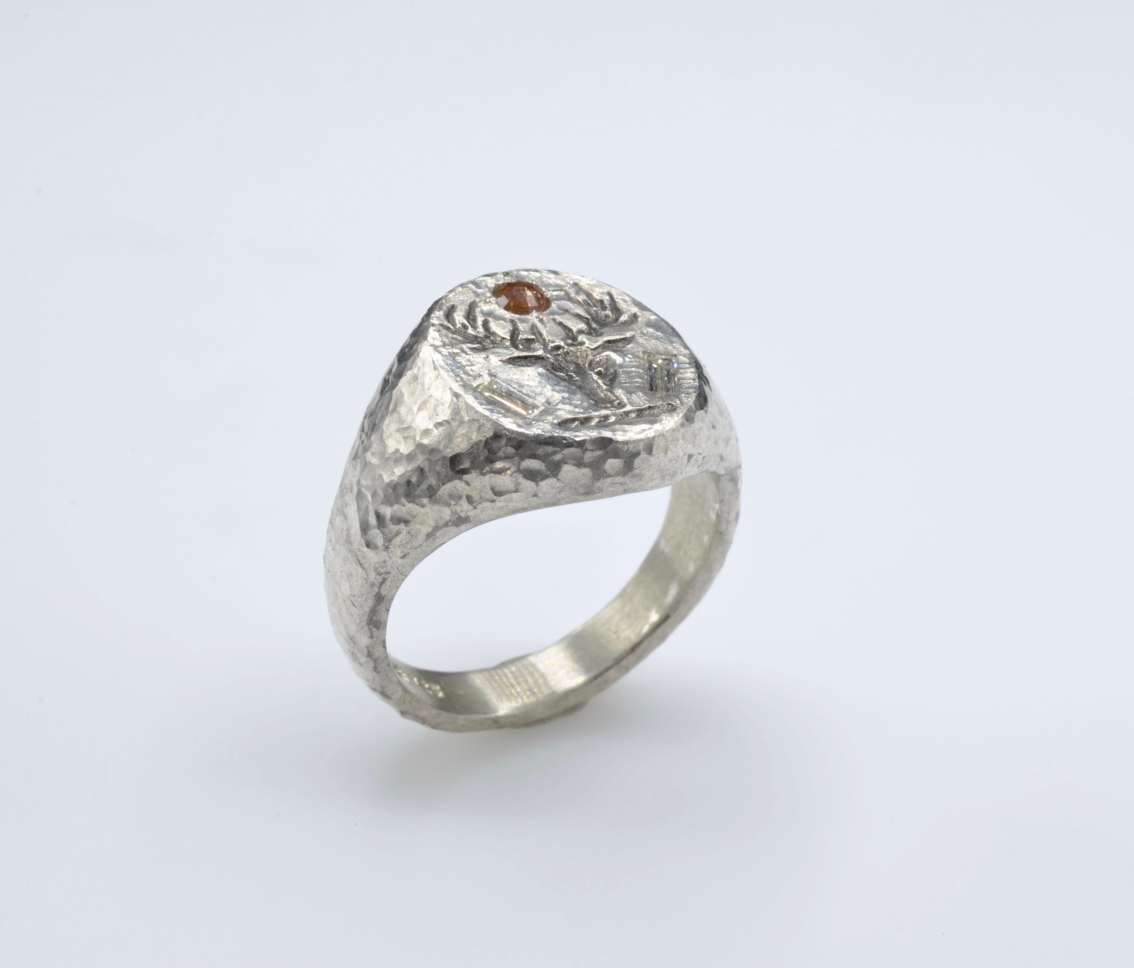 Deer Head Signet Diamond Baguette Rose Cut Sterling Silver Hammer Texture Ring In New Condition For Sale In Berkeley, CA