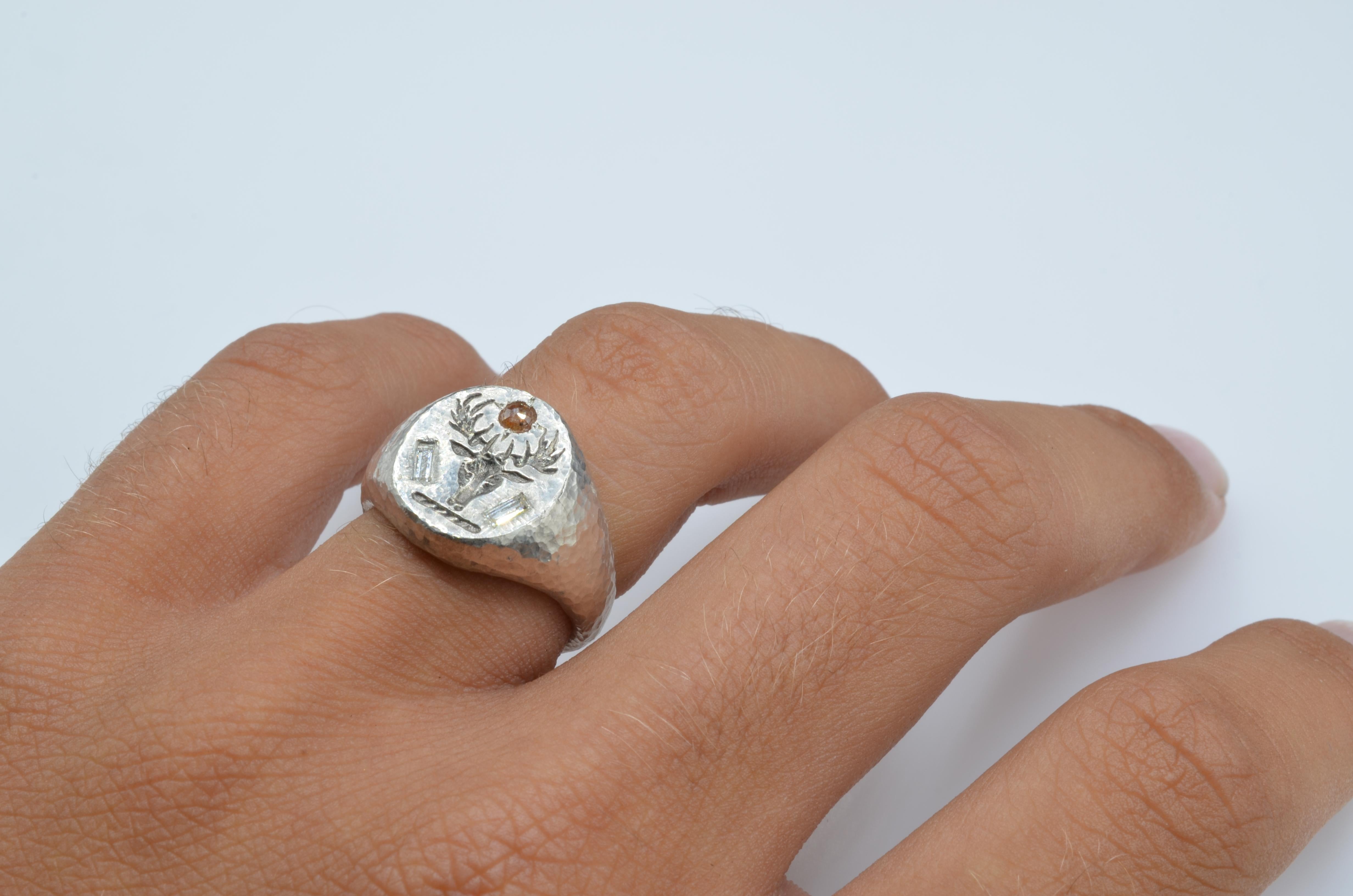 Women's or Men's Deer Head Signet Diamond Baguette Rose Cut Sterling Silver Hammer Texture Ring For Sale