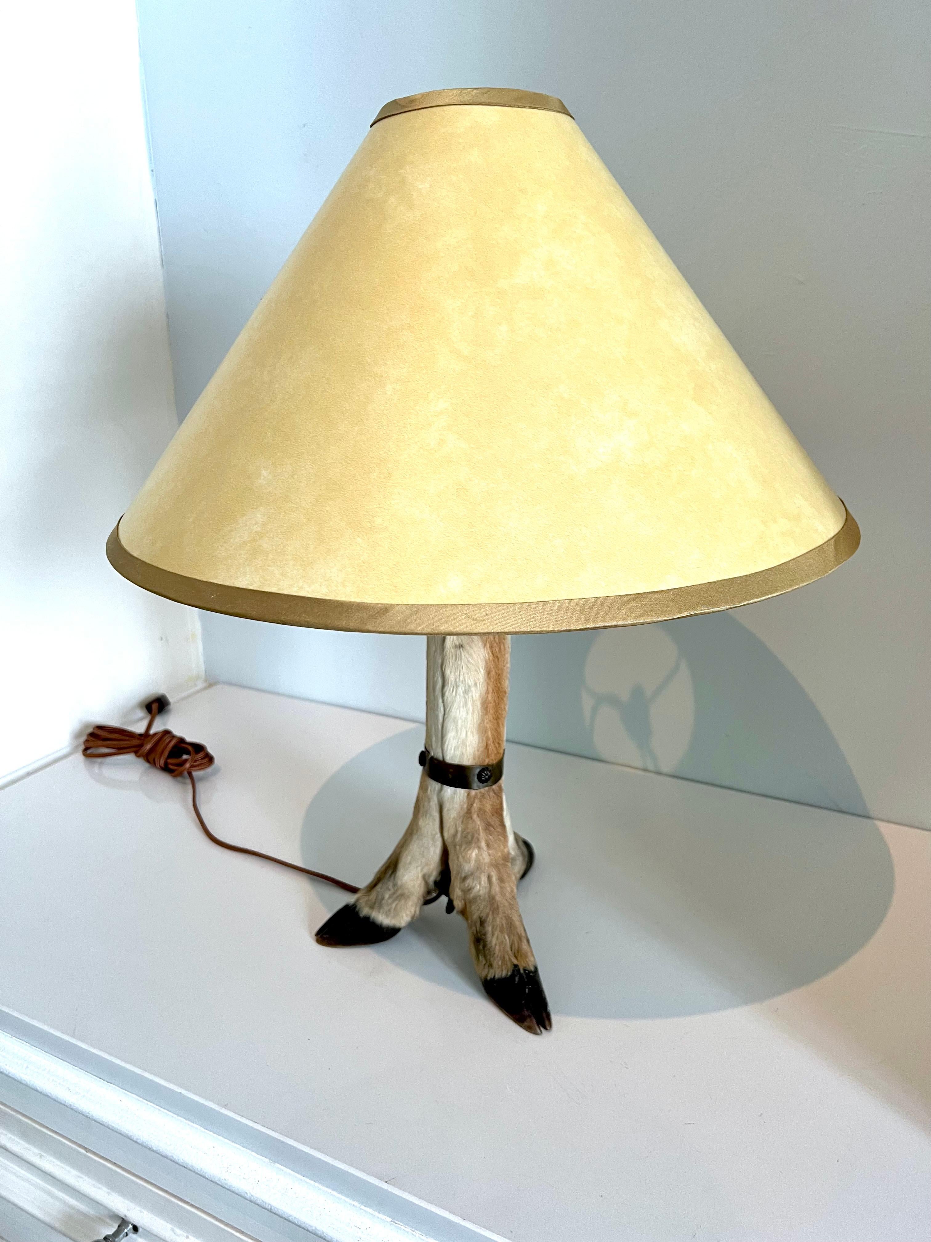Rustic Deer Hoof Lamp with Custom Parchment Shade in the Style of Ralph Lauren For Sale