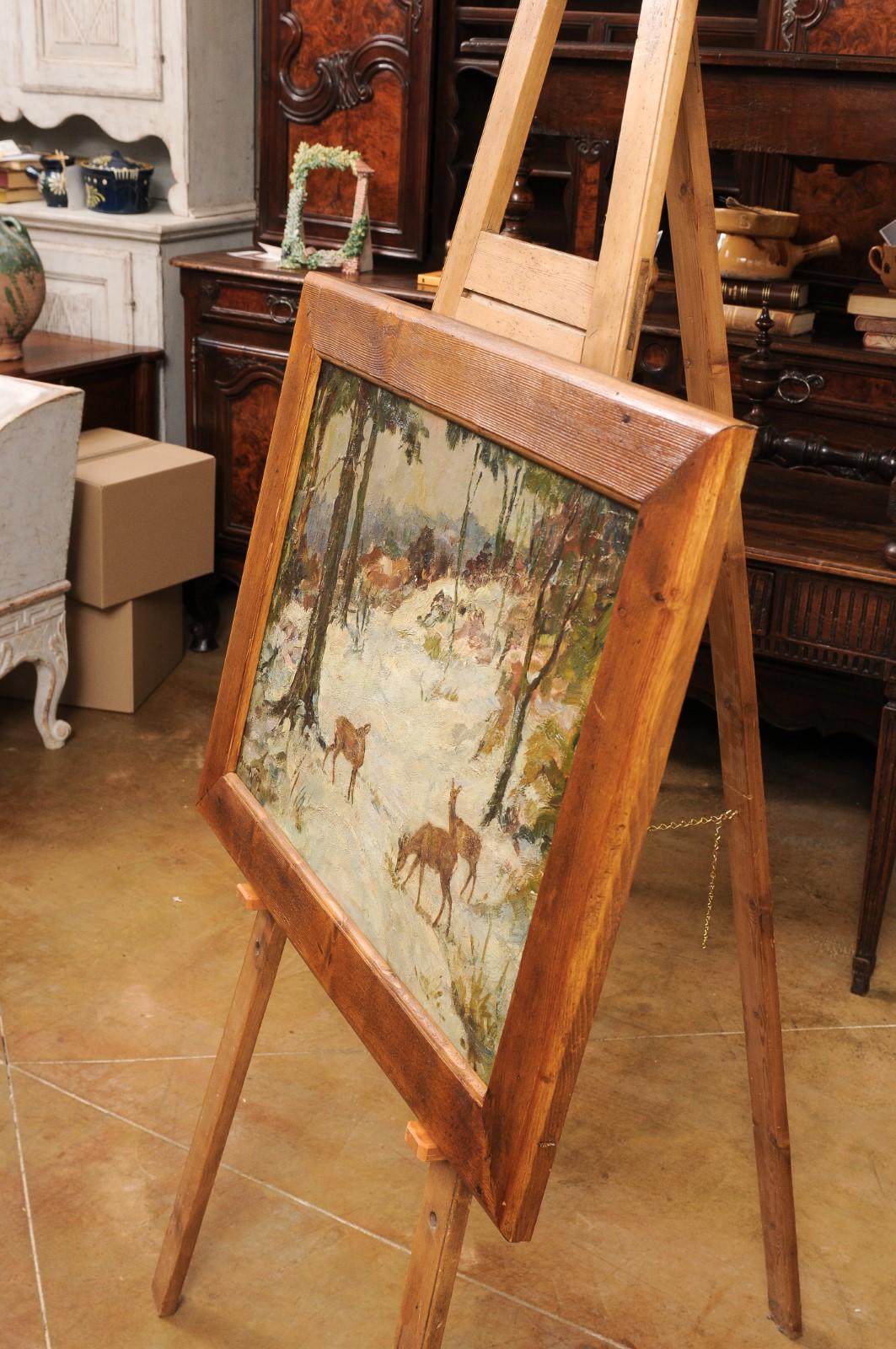 Peinture à l'huile sur toile « Cerf dans la forêt des neiges » d'Oskar Frey dans un cadre sapin 3