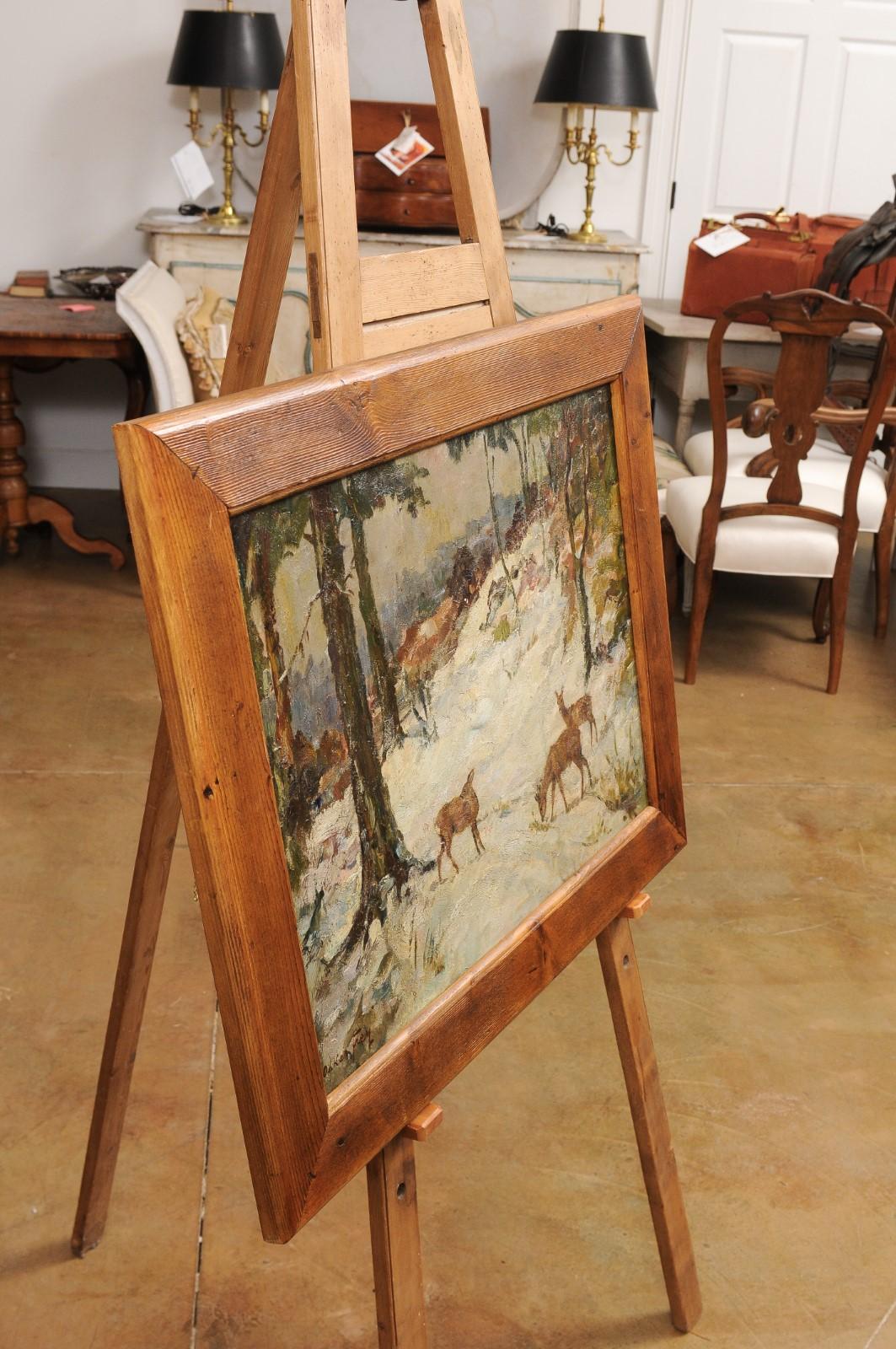 Peinture à l'huile sur toile « Cerf dans la forêt des neiges » d'Oskar Frey dans un cadre sapin 4