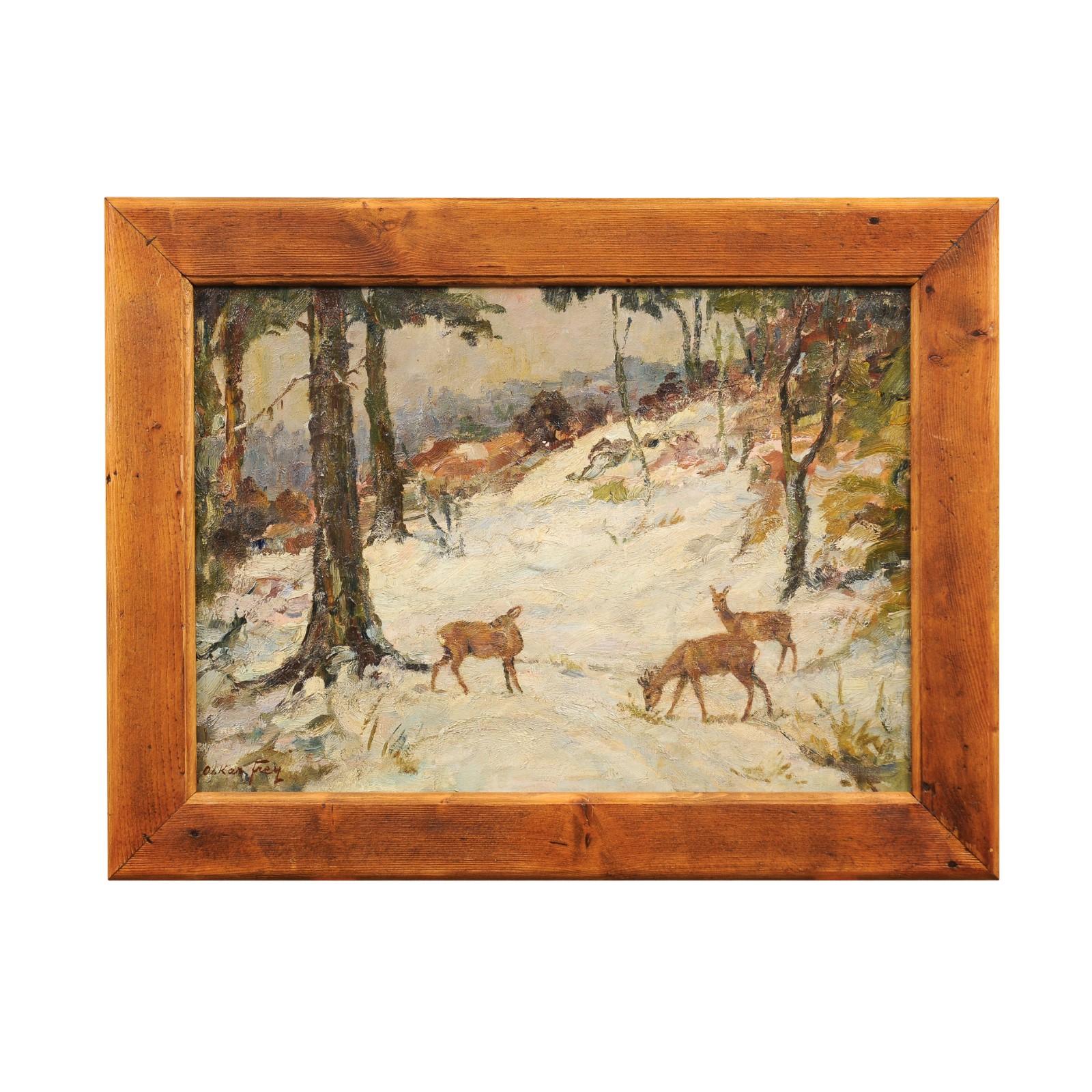 A German oil on canvas mounted on board painting from the early 20th century by artist Oskar Frey, titled 'Deer in the Snowy Forest'. Created in Germany during the second quarter of the 20th century, this oil on canvas painting mounted on a flat