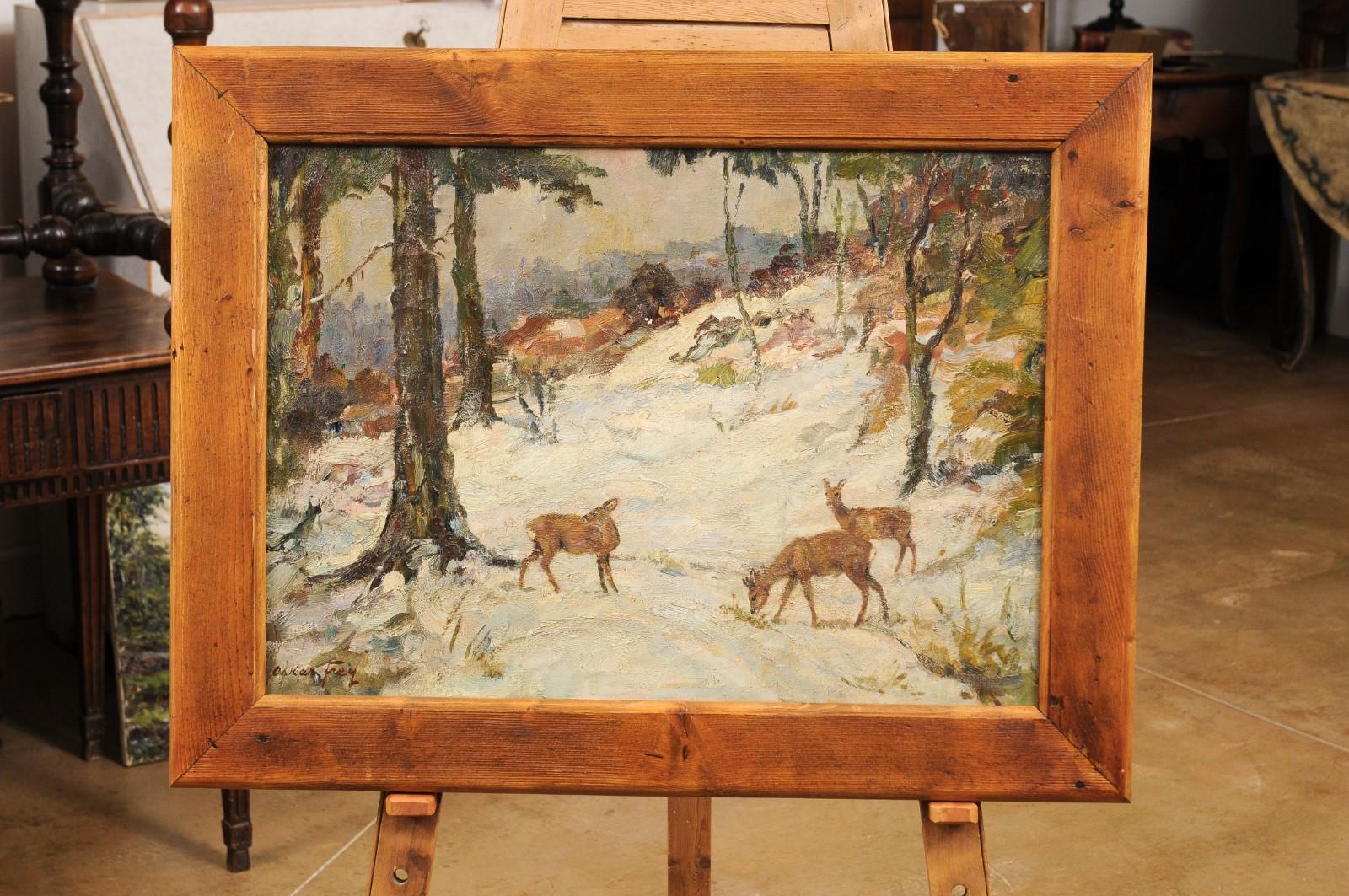 Austrian Deer in the Snowy Forest, Oil on Canvas Painting by Oskar Frey in Fir Frame For Sale