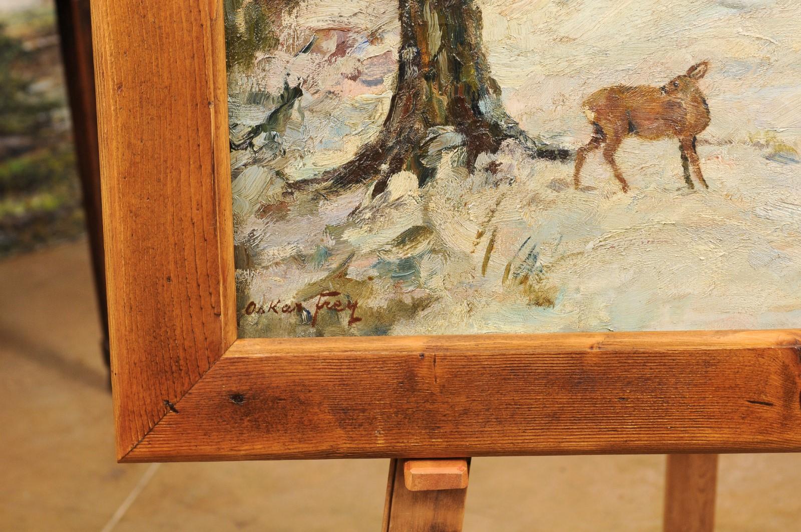 20th Century Deer in the Snowy Forest, Oil on Canvas Painting by Oskar Frey in Fir Frame For Sale