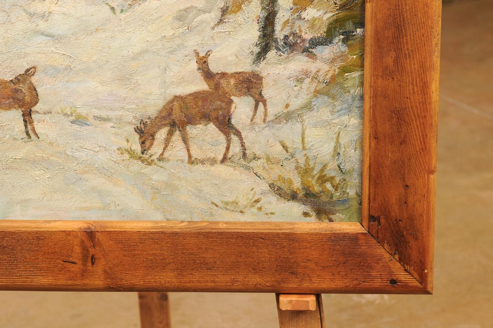 Deer in the Snowy Forest, Oil on Canvas Painting by Oskar Frey in Fir Frame For Sale 2