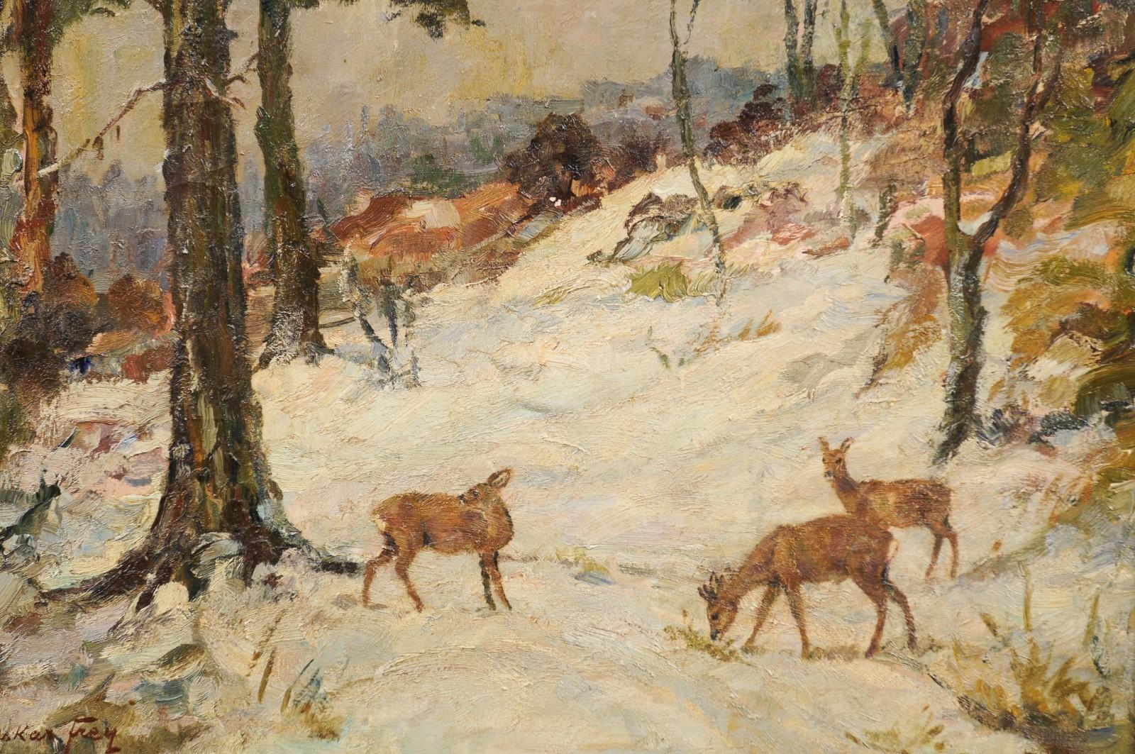 Deer in the Snowy Forest, Oil on Canvas Painting by Oskar Frey in Fir Frame For Sale 4