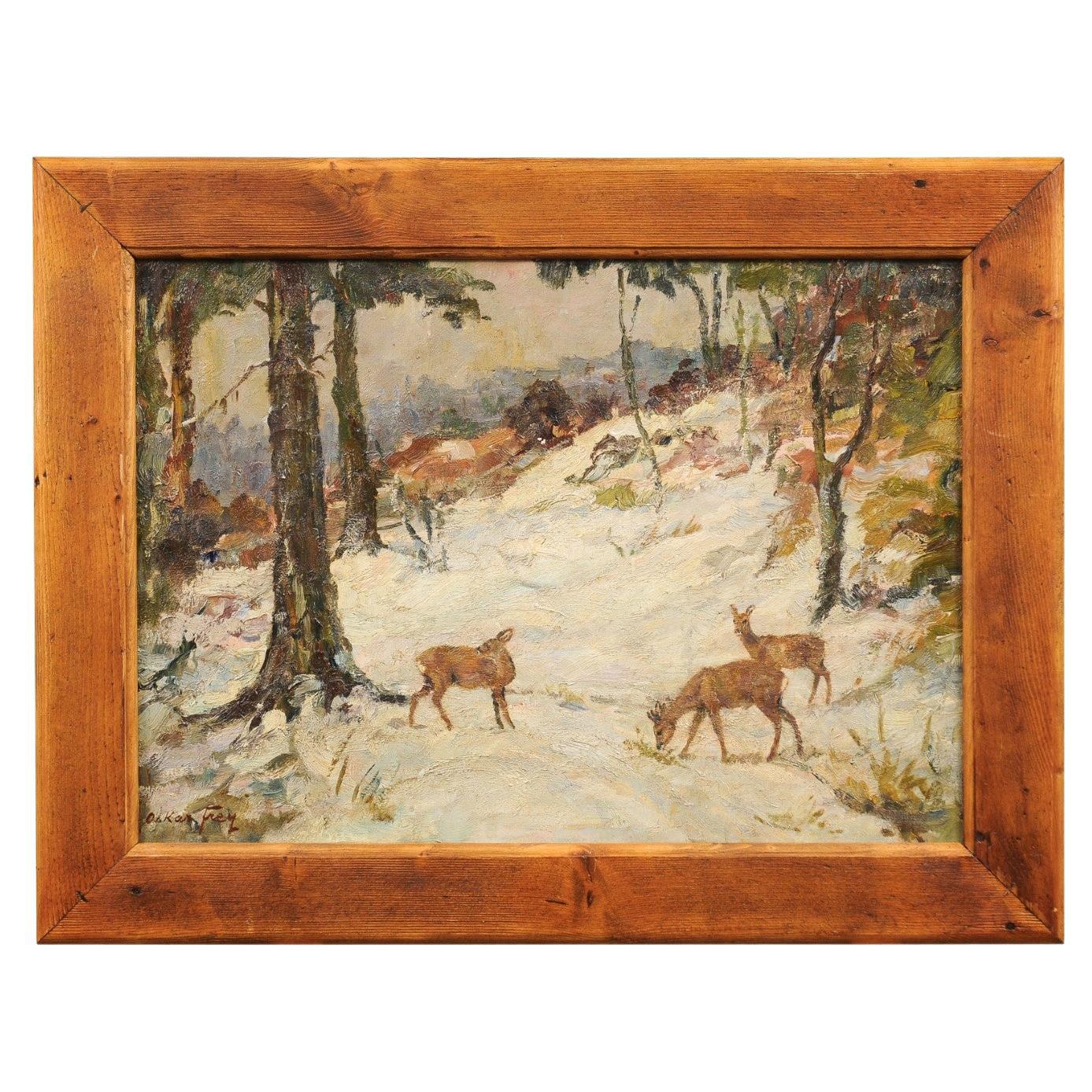 Deer in the Snowy Forest, Oil on Canvas Painting by Oskar Frey in Fir Frame For Sale