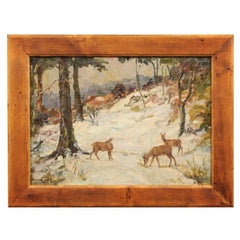 Deer in the Snowy Forest, Oil on Canvas Painting by Oskar Frey in Fir Frame
