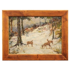 Peinture à l'huile sur toile « Cerf dans la forêt des neiges » d'Oskar Frey dans un cadre sapin