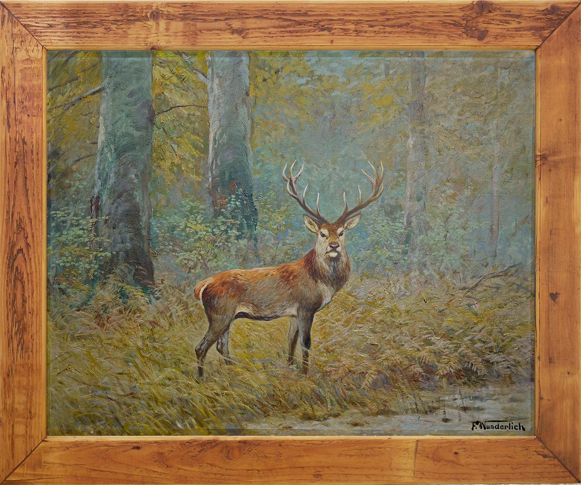 F. Wunderlich, deer in the woods

Measures: 80cm x 100cm (dimensions referring to the painting only).
Oil painting on panel, signed lower right,
1920s era.

Generously sized painting, depicting an adult male deer in the woods, in