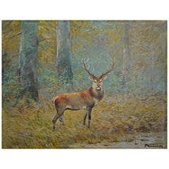 Antique Deer Painting - Animals in the Woods, Wild Painting Oil on Board, 1920