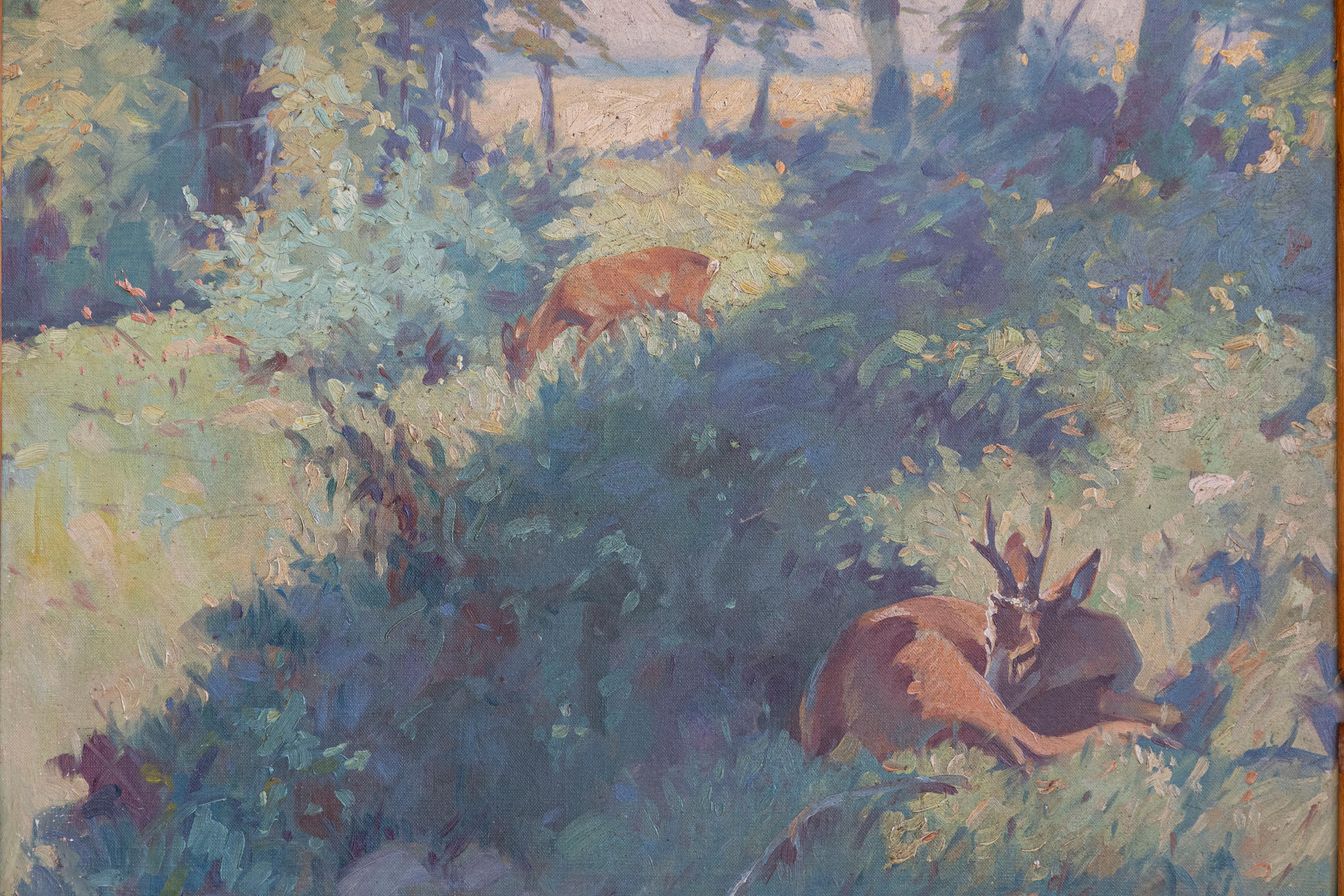 Tedesco Cervo nel Wood, Bert Fricke Wolfenbuttel Pittura a olio su pannello del 1920 circa in vendita