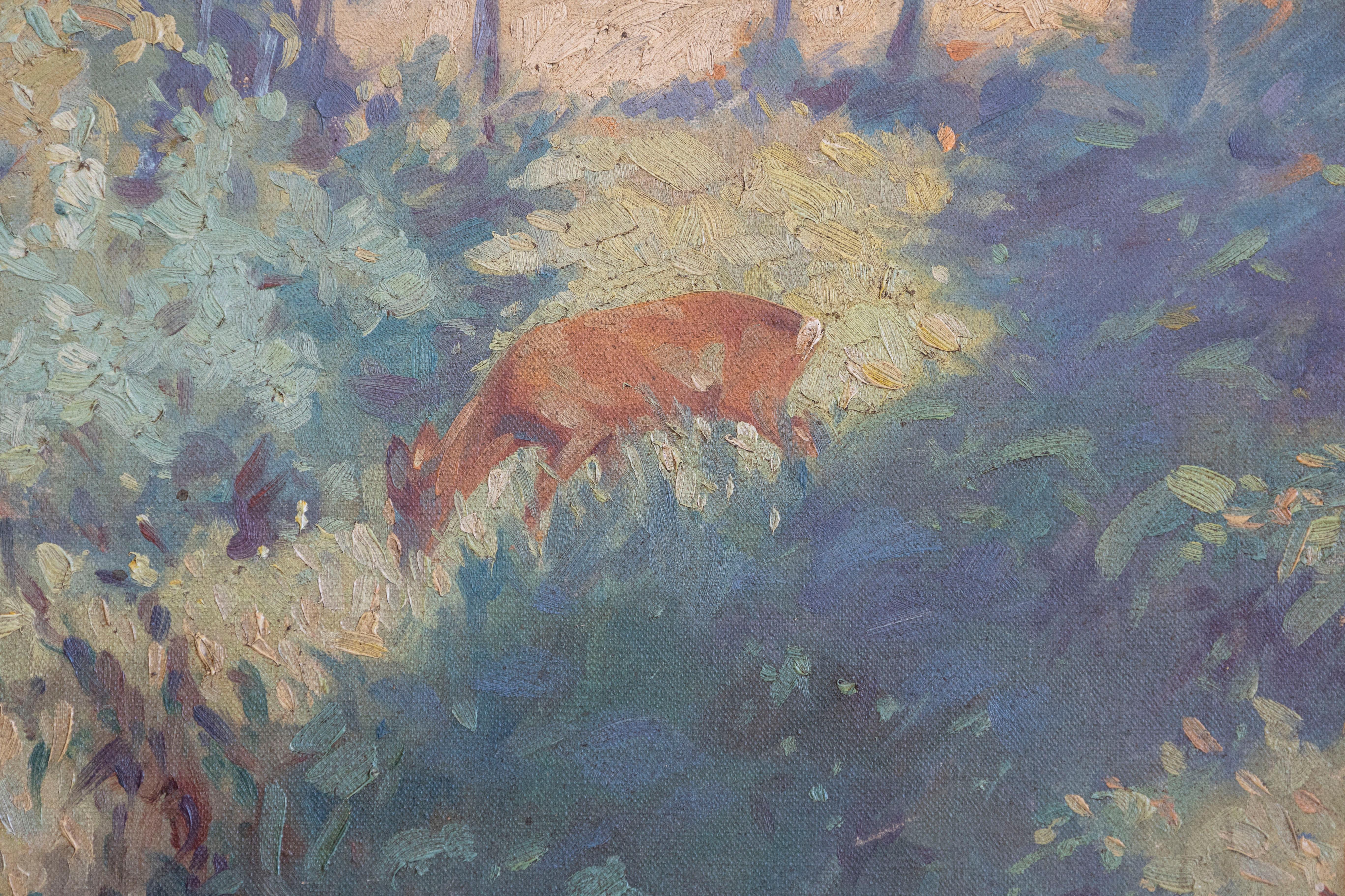 Dipinto a mano Cervo nel Wood, Bert Fricke Wolfenbuttel Pittura a olio su pannello del 1920 circa in vendita