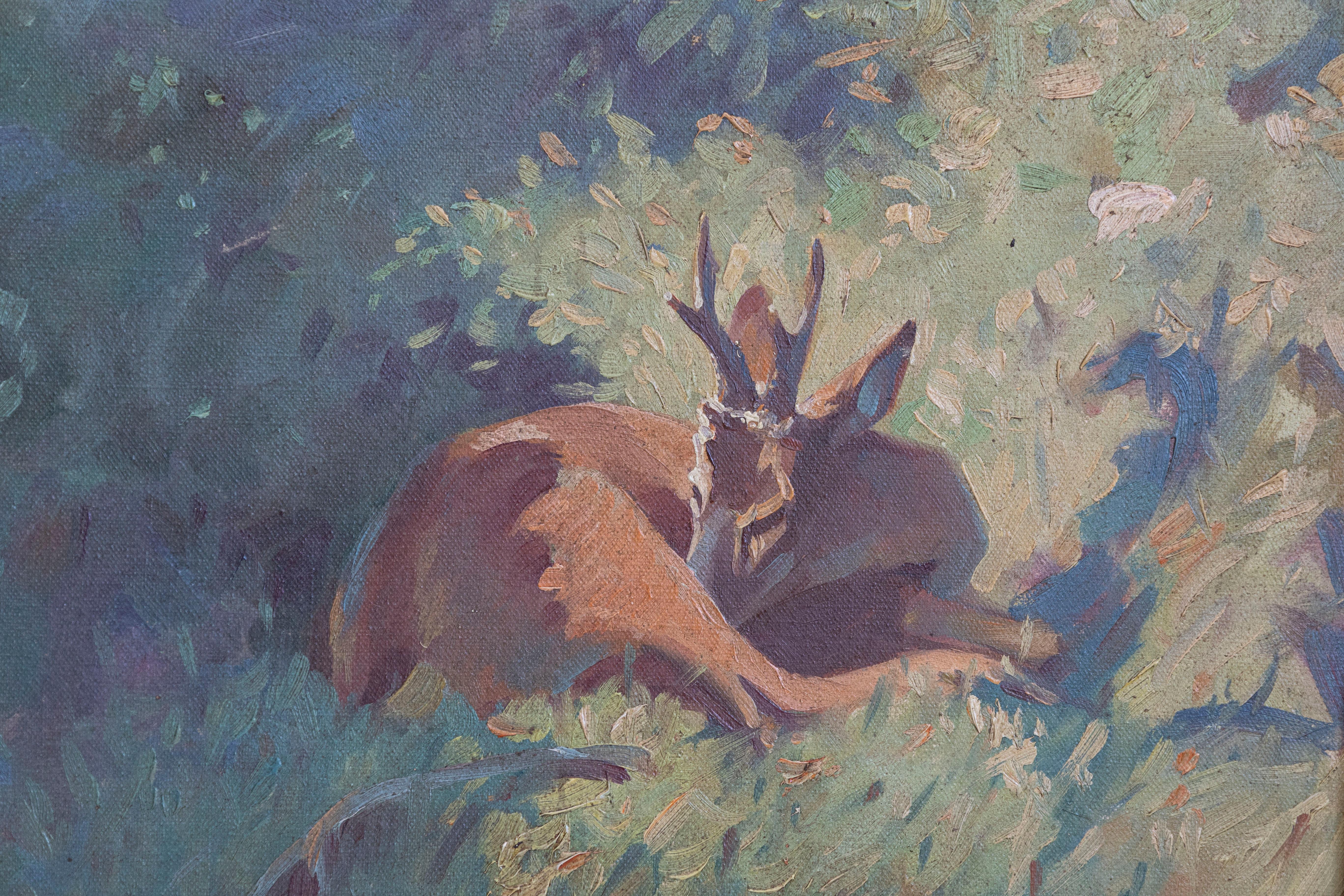 Cervo nel Wood, Bert Fricke Wolfenbuttel Pittura a olio su pannello del 1920 circa In condizioni buone in vendita a Atlanta, GA
