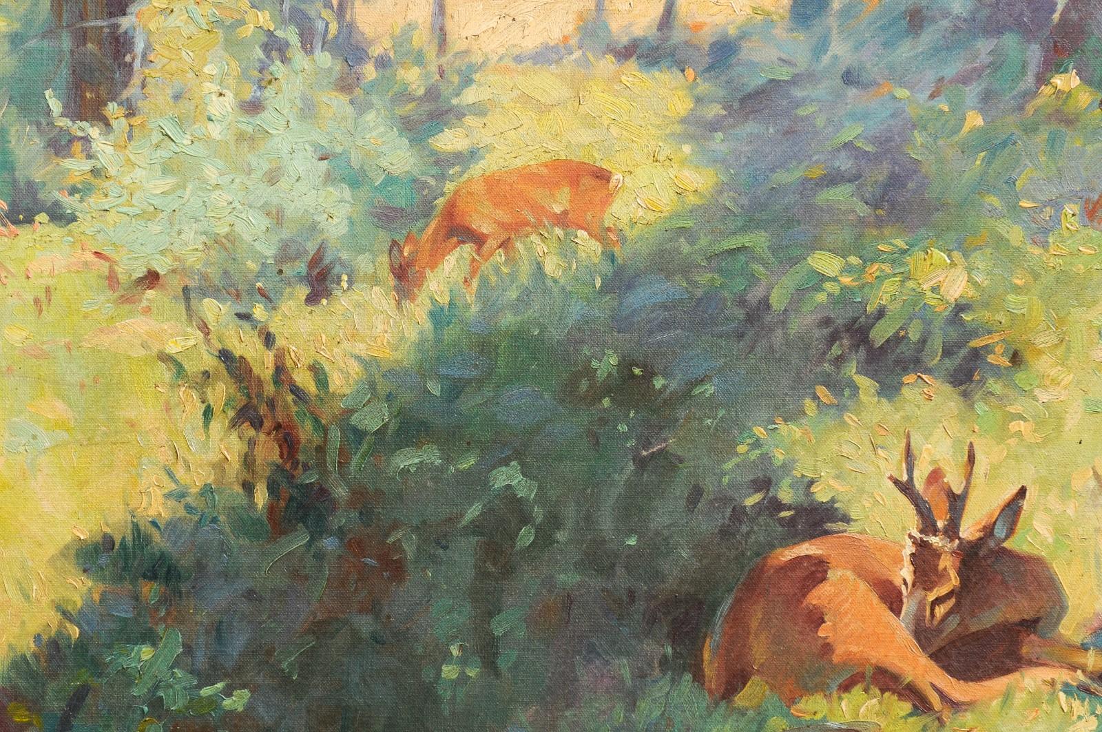 Deer in the Woods, Bert Fricke Wolfenbuttel Oil on Panel Painting circa 1920 2