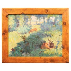 Deer in the Woods, Bert Fricke Wolfenbuttel Oil on Panel Painting circa 1920