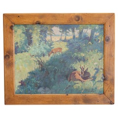 Deer in the Woods, Bert Fricke Wolfenbuttel Oil on Panel Painting circa 1920