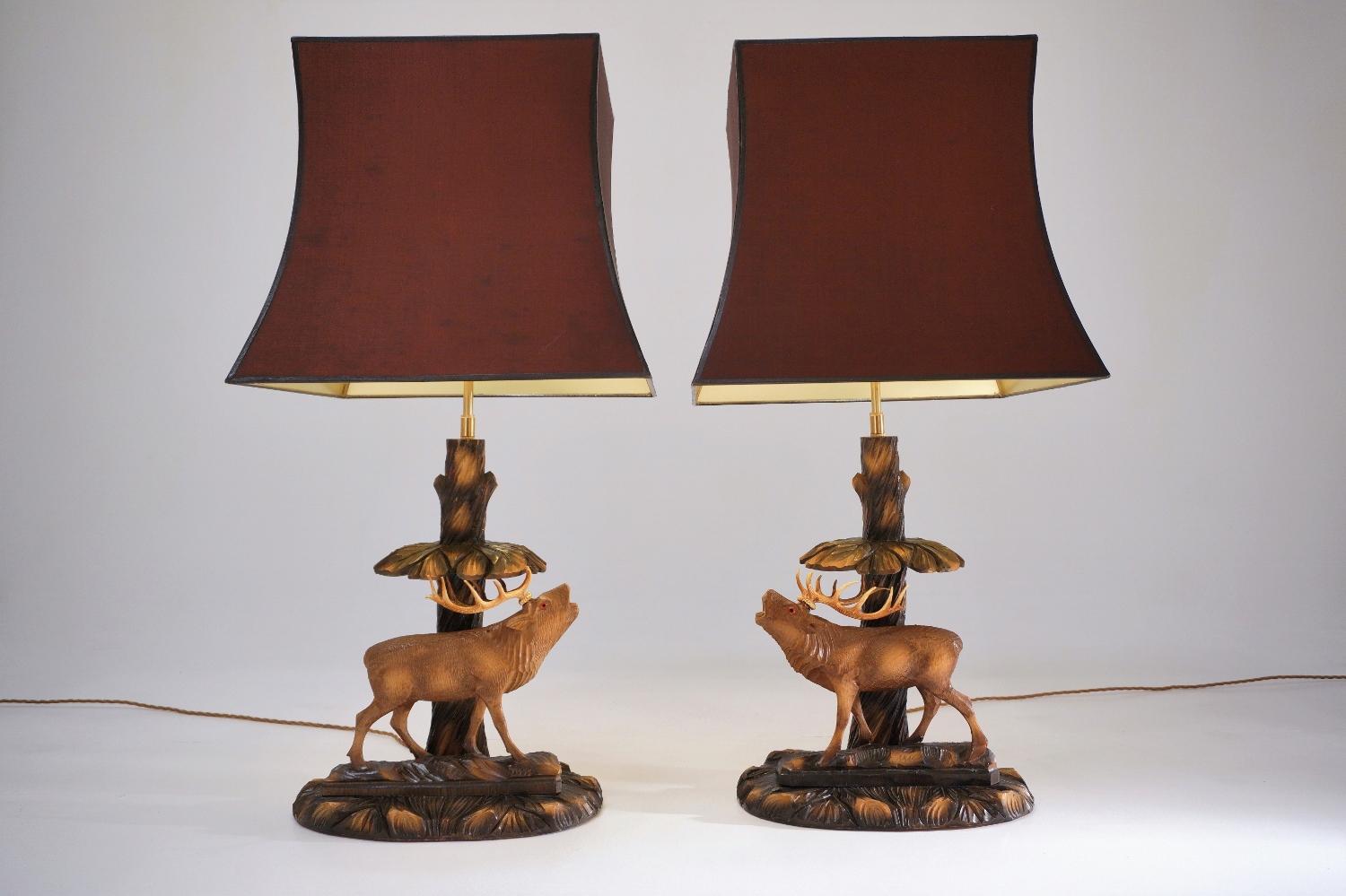 Adirondack Deer Lamp, a Pair Black Forest Carving by Rhön Sepp 1940s, Germany For Sale