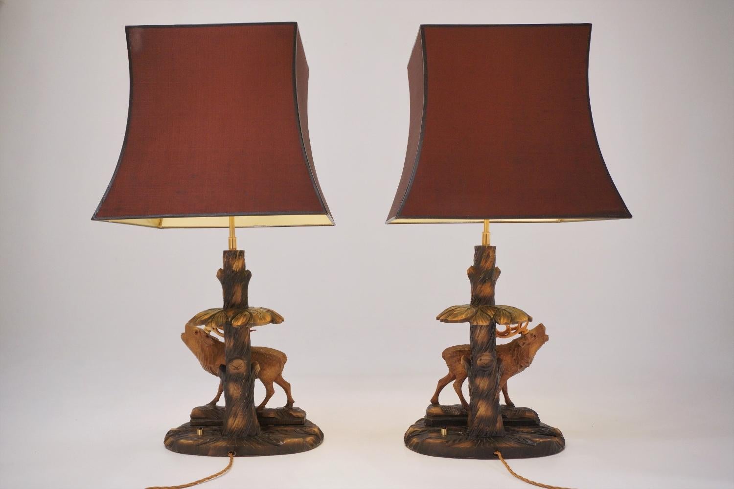 Mid-20th Century Deer Lamp, a Pair Black Forest Carving by Rhön Sepp 1940s, Germany For Sale