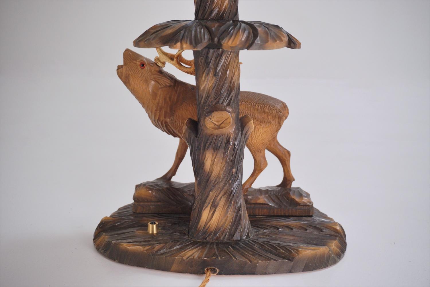 Wood Deer Lamp, a Pair Black Forest Carving by Rhön Sepp 1940s, Germany For Sale