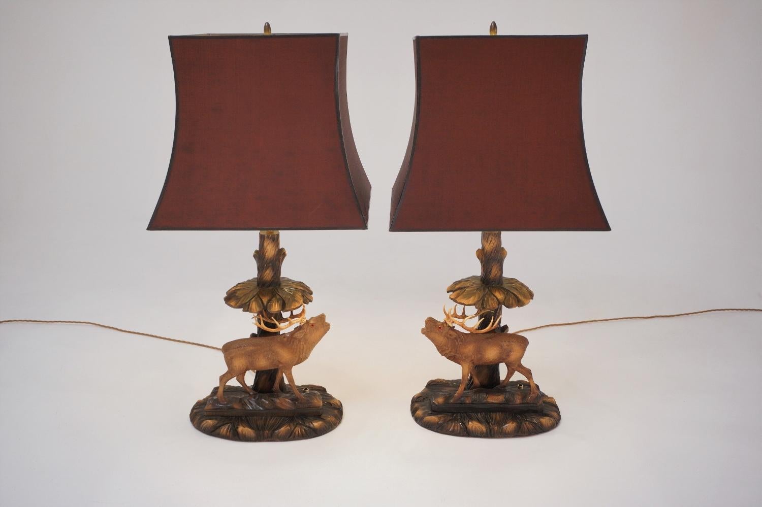Deer Lamp, a Pair Black Forest Carving by Rhön Sepp 1940s, Germany For Sale 1