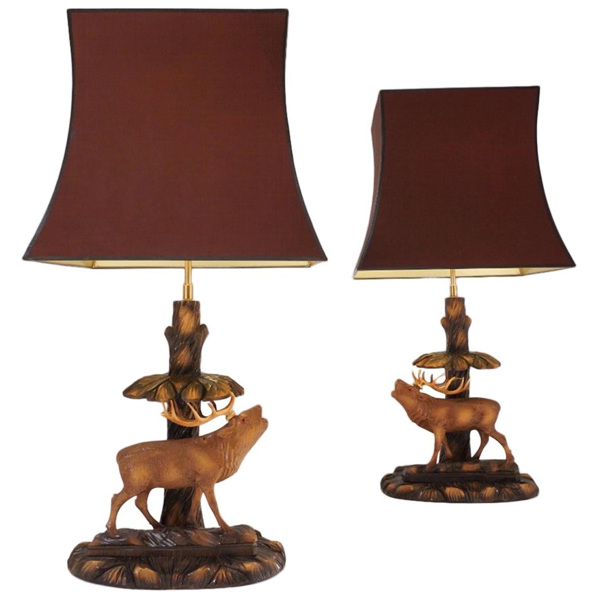 Deer Lamp, a Pair Black Forest Carving by Rhön Sepp 1940s, Germany For Sale