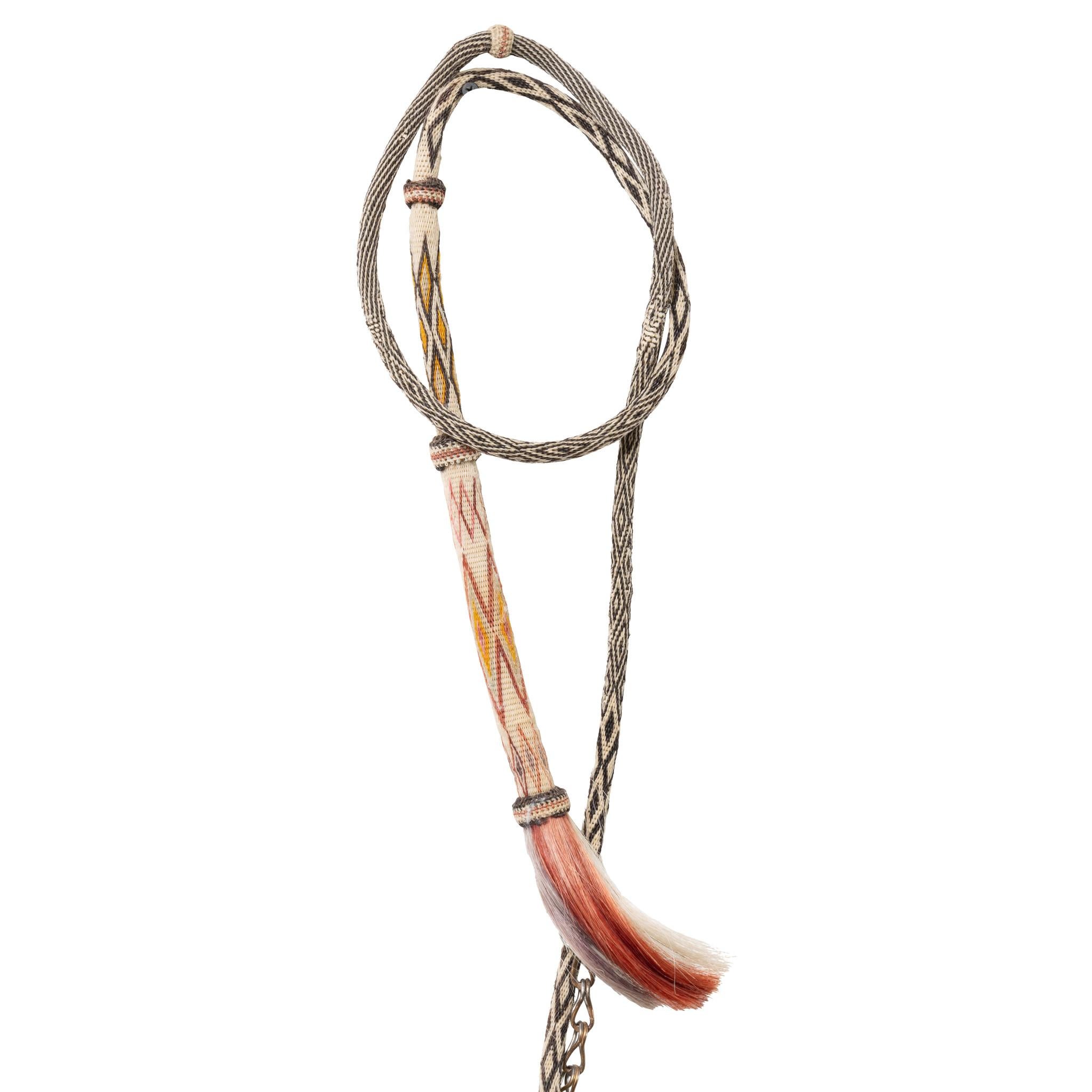 Deer Lodge Prison multi-colored white horsehair bridle with glass horse and dog rosettes. Colors of orange, black, red and green. Double round cheek band. Flat nose and brow bands. Old Spanish bit. 36