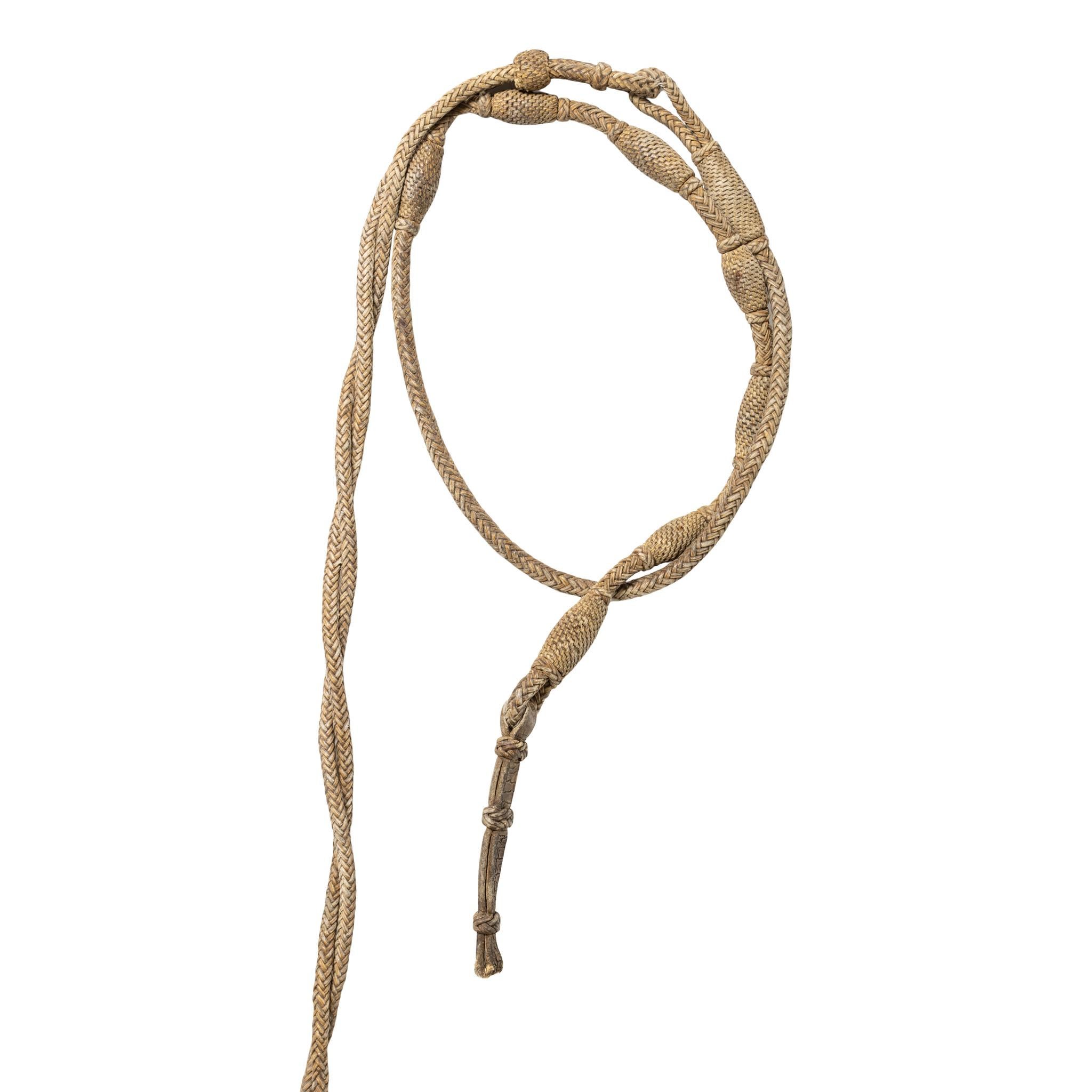 Deer Lodge Prison horsehair bridle with flat cheek, nose, and brow bands. Glass rosettes with running horses on browband and dog heads on noseband. Four candy-striped round headbands attached with kangaroo leather and a celluloid ring. Knots and
