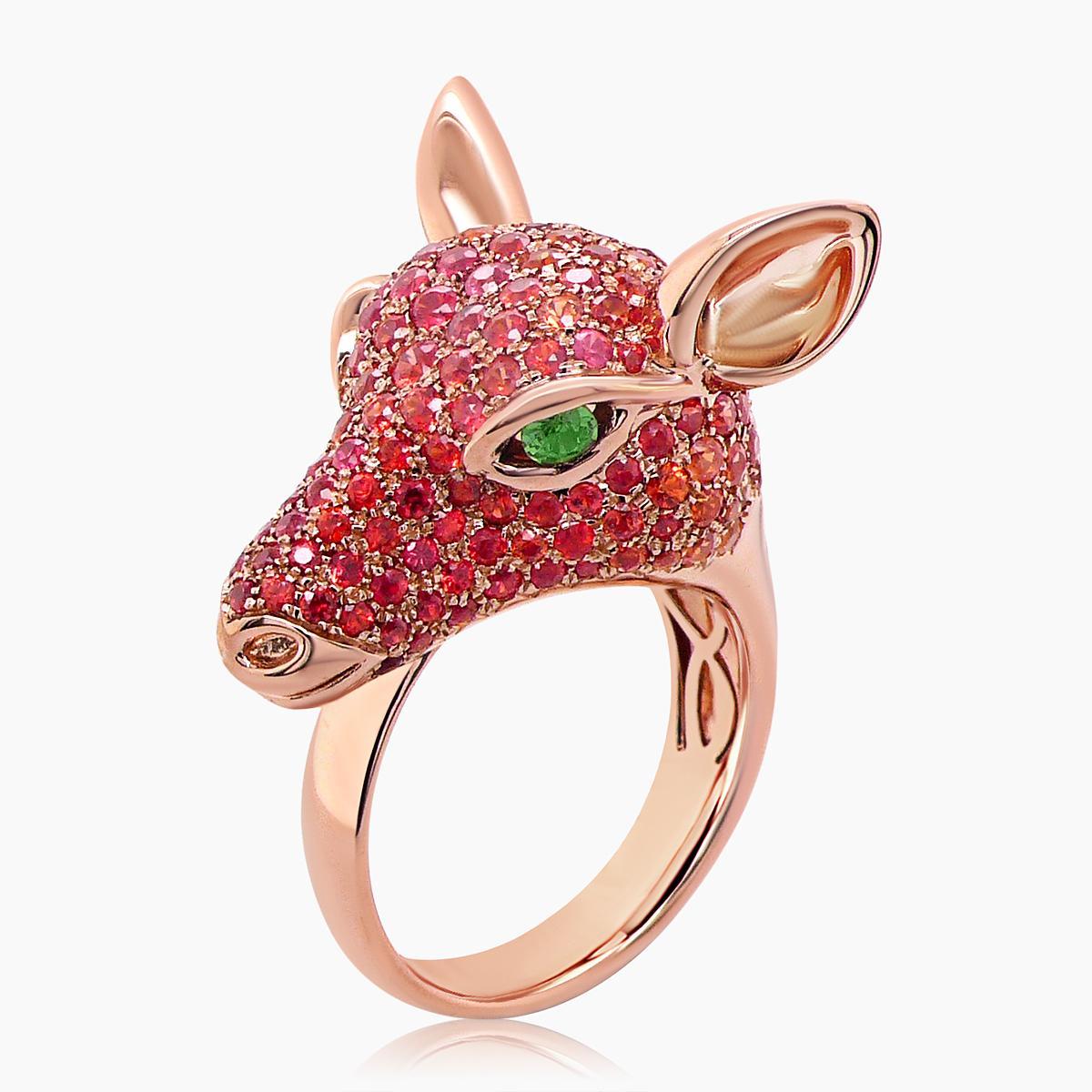 Hirsch Orange Saphir Fancy Diamant & Grüner Granat 18K Rose Gold Tier Ring (Gemischter Schliff) im Angebot