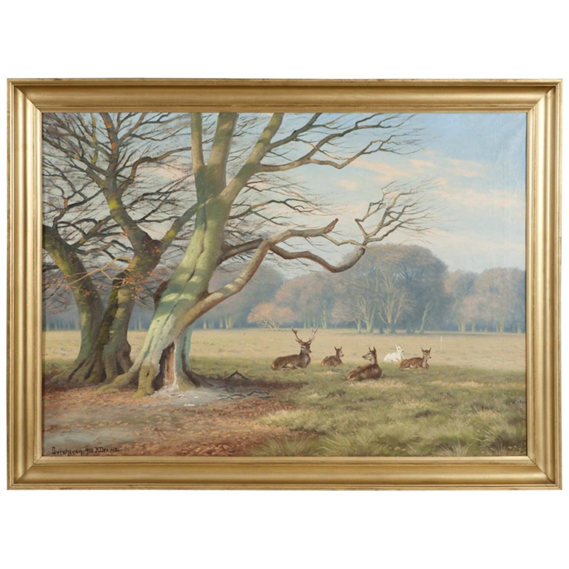 "Deer Park", North of Copenhagen Denmark, Oil on Canvas, Signed K. Drews, 1938