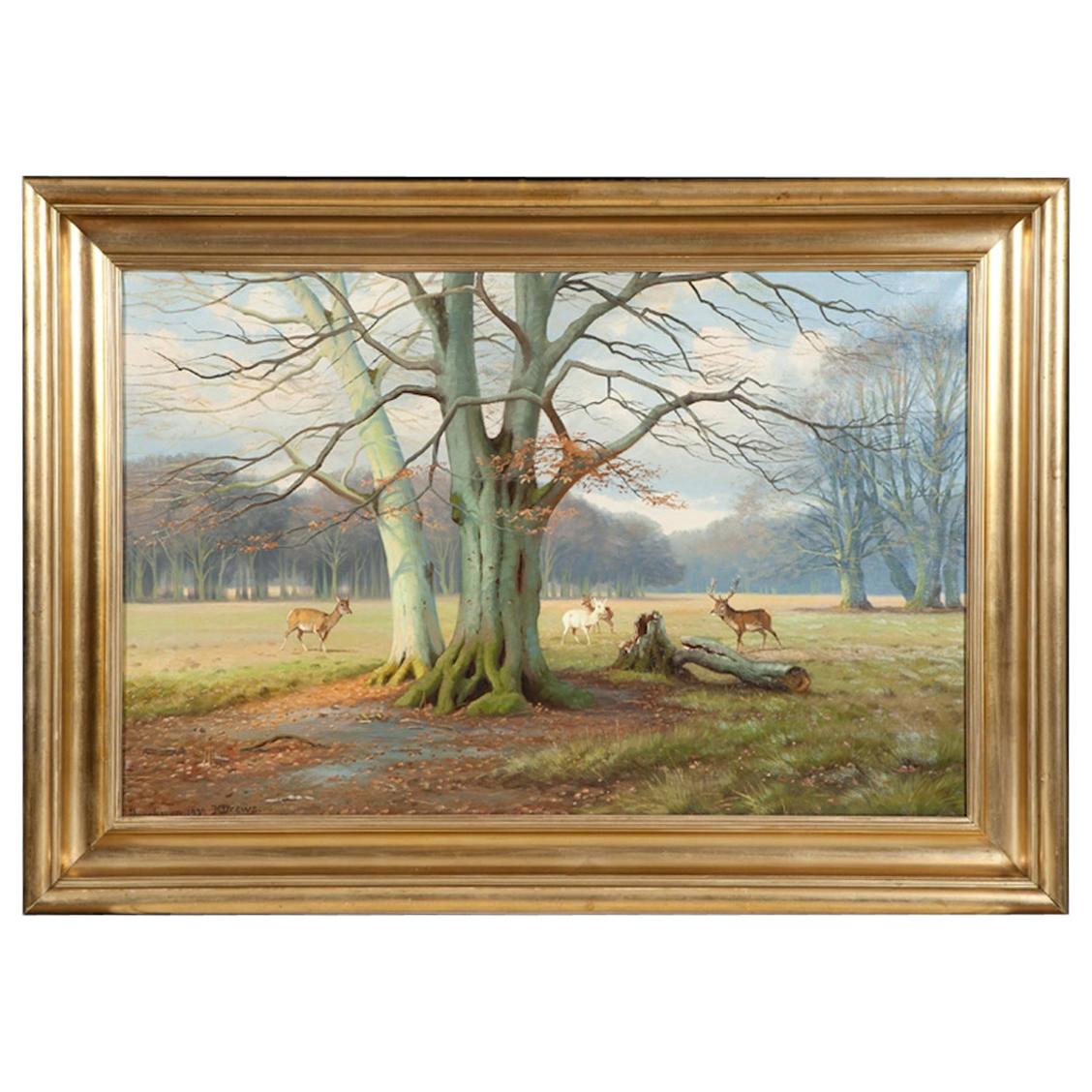 "Deer Park", North of Copenhagen, Large Oil on Canvas, Signed K. Drews, 1939