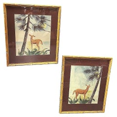 Deer Scenic Watercolor on Paper Signed by Shirrell Graves in Bamboo Frame, Pair