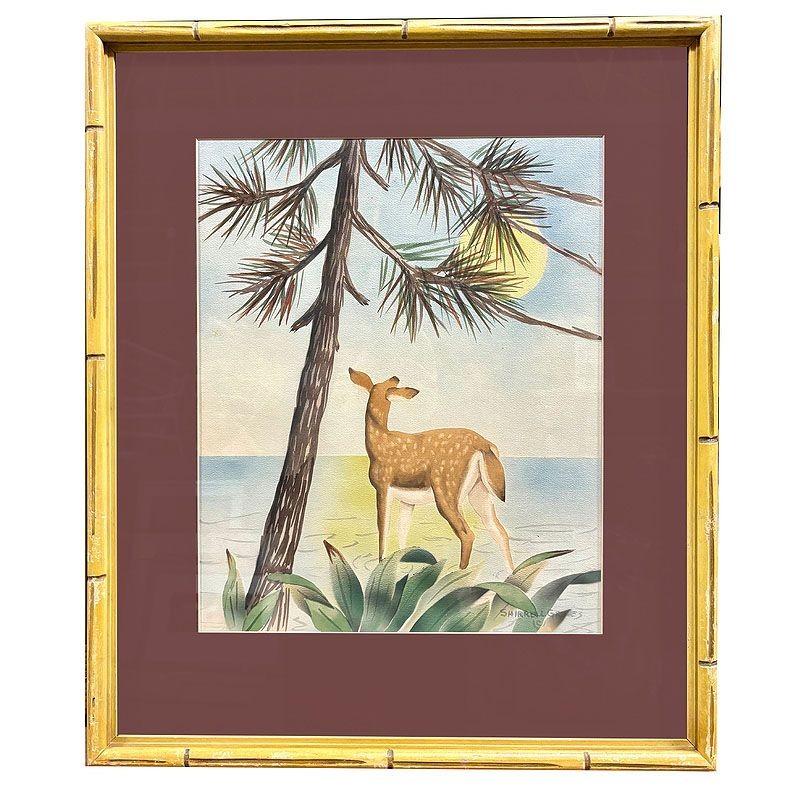 Hirschszenisches Aquarell auf Papier, signiert von Shirrell Graves in Bambusrahmen, Paar im Zustand „Hervorragend“ im Angebot in Van Nuys, CA