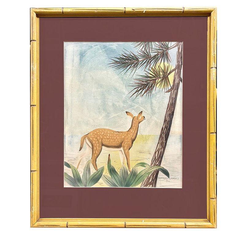 Hirschszenisches Aquarell auf Papier, signiert von Shirrell Graves in Bambusrahmen, Paar (Glas) im Angebot