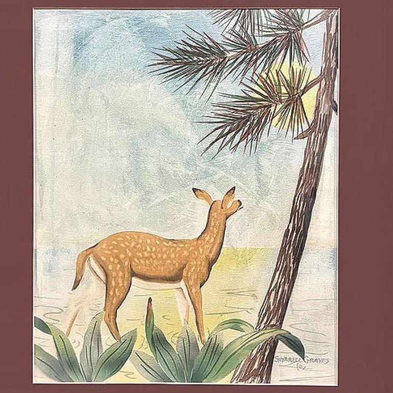 Hirschszenisches Aquarell auf Papier, signiert von Shirrell Graves in Bambusrahmen, Paar im Angebot 1
