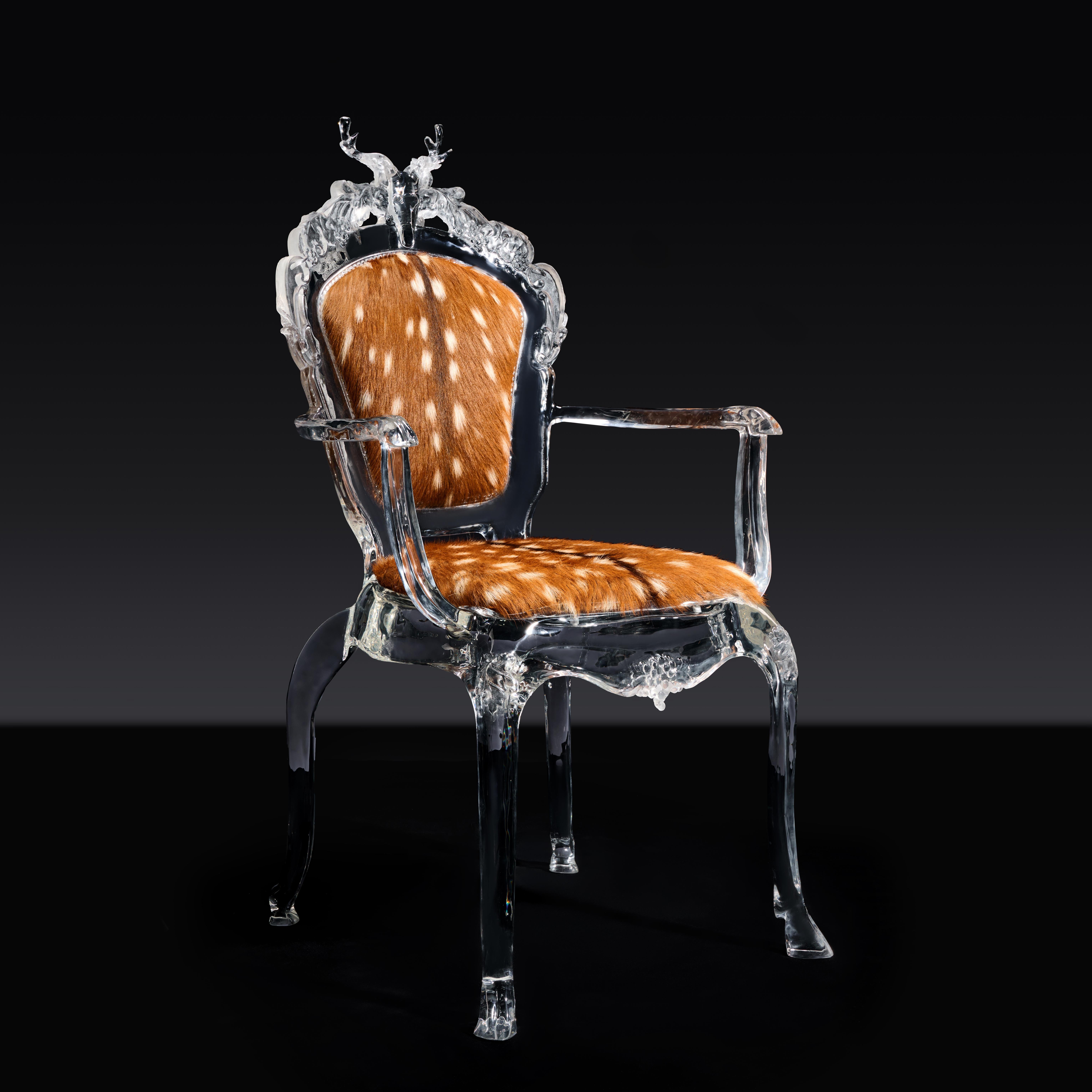 Chinese Deer Sculpture Art Chair, Rococo Style Antique Chair with Crystal by GORDON GU For Sale