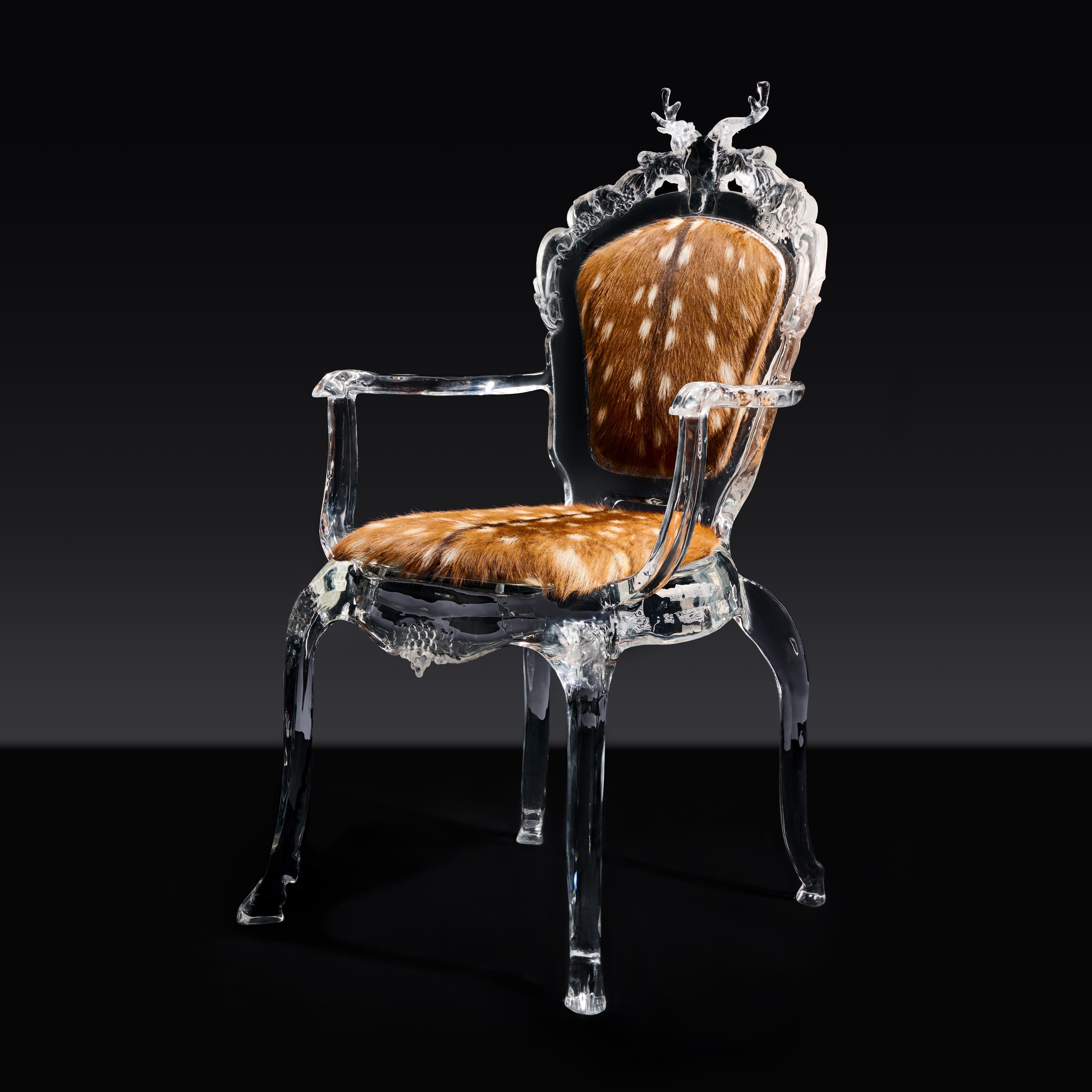 Hand-Crafted Deer Sculpture Art Chair, Rococo Style Antique Chair with Crystal by GORDON GU For Sale