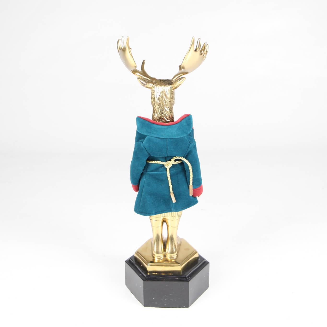 One of a kind Deer brass sculpture with hand made outfit and beautiful marble base. High quality of craftsmanship, excellent condition. 
Corresponding « rabbit » sculpture to make a pair for sale here. 
