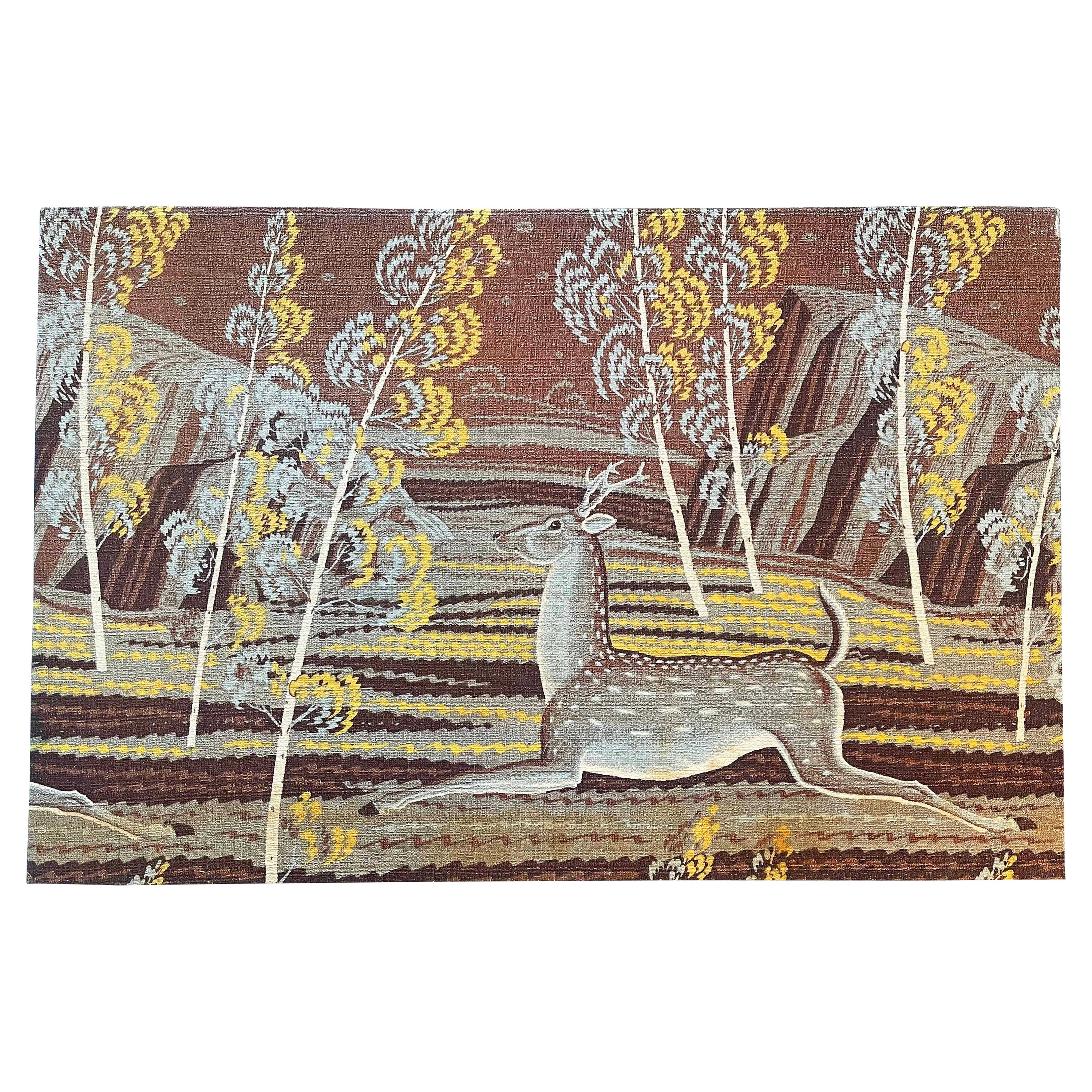 "Deer Season", raro tessuto Art Deco disegnato da Rockwell Kent, circa 1950