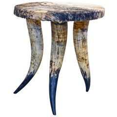 Deer Skin Covered Round Triple Bull Horn Stool or Side Table, circa 1970