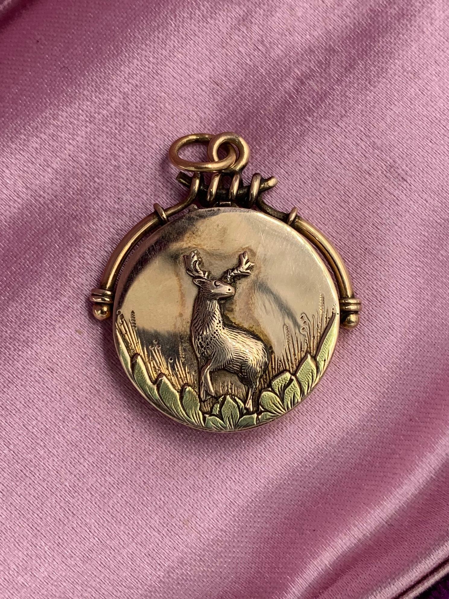 Women's Deer Stag Locket Pendant Gold Victorian Belle Epoque