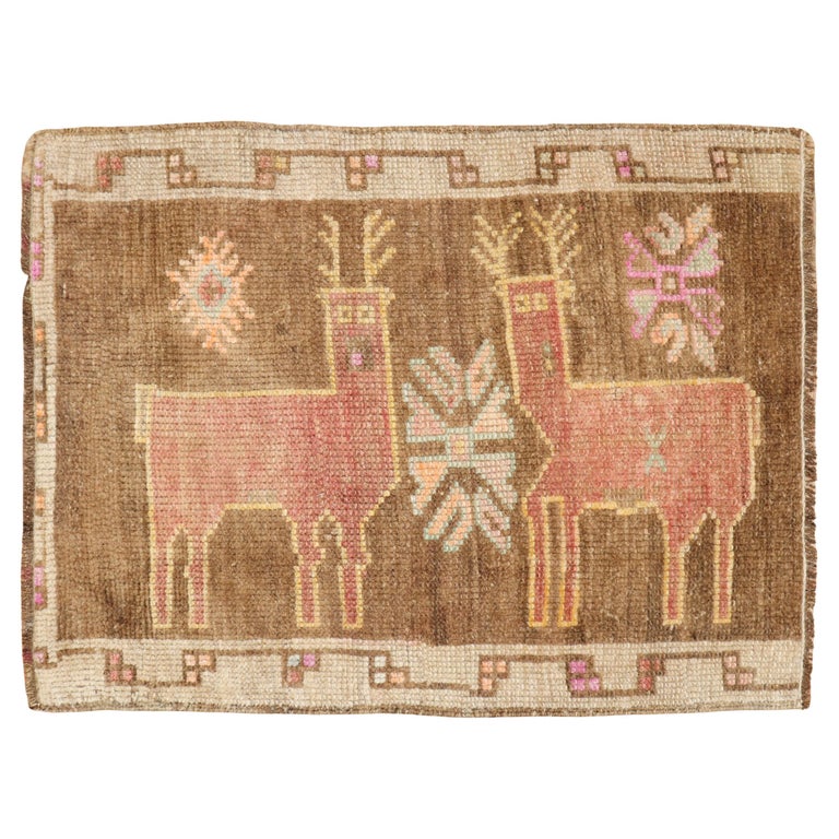 Deer Vintage Turkish Mini Square Rug For Sale at 1stDibs