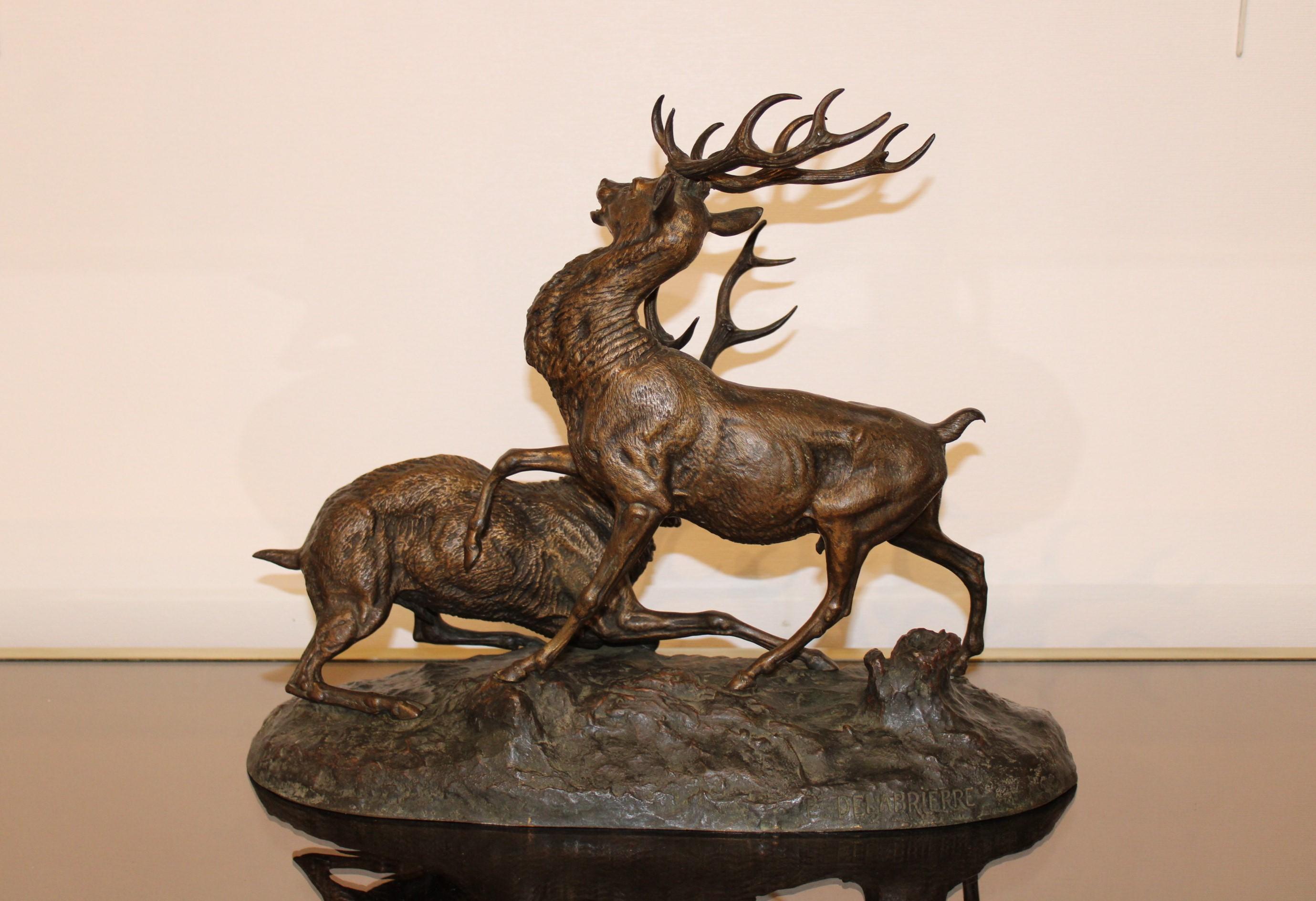 Bronze Sculpture en bronze de cerfs par Edouard Delabrièrre, France, 19ème siècle