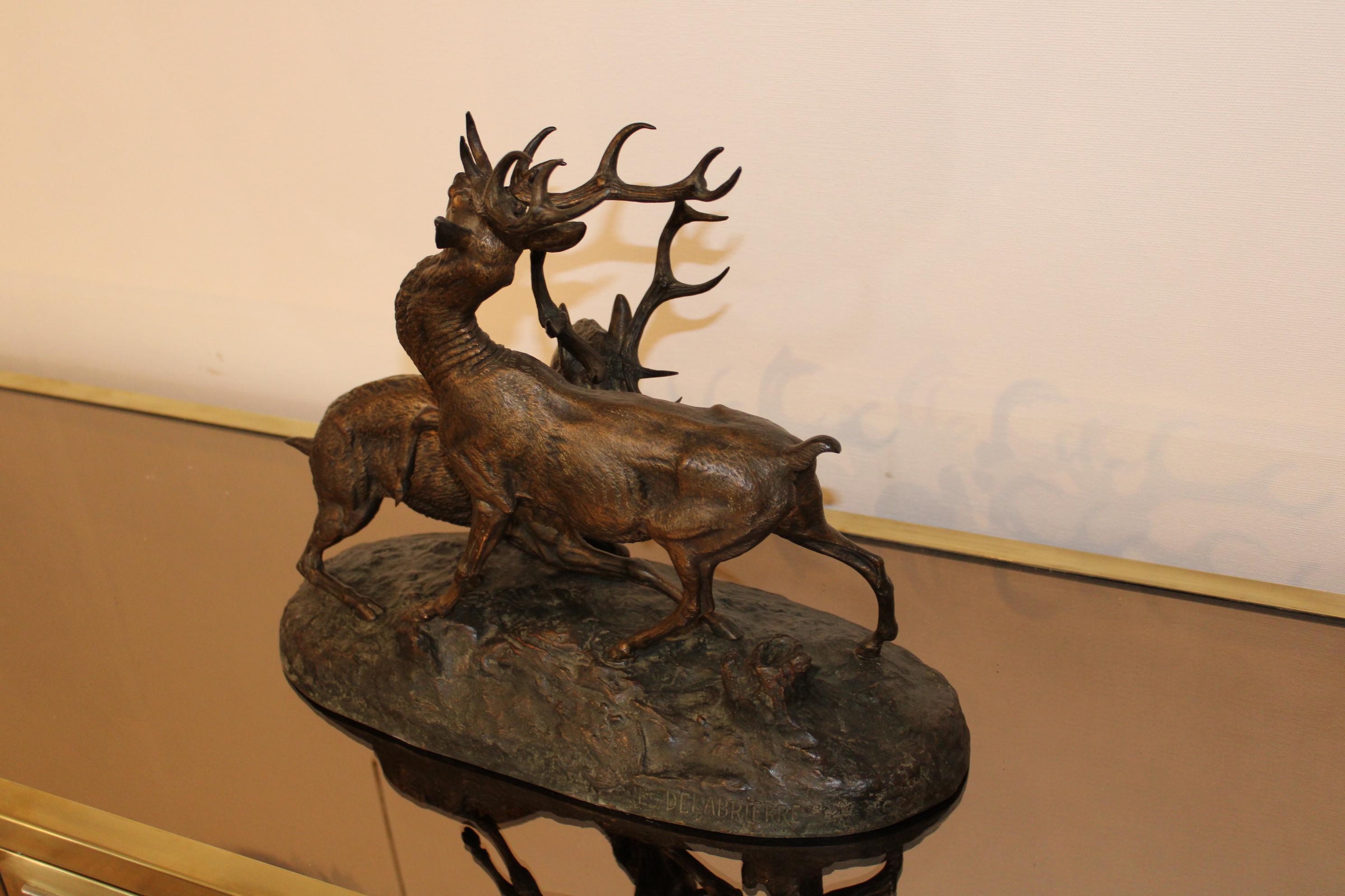 Sculpture en bronze de cerfs par Edouard Delabrièrre, France, 19ème siècle 1