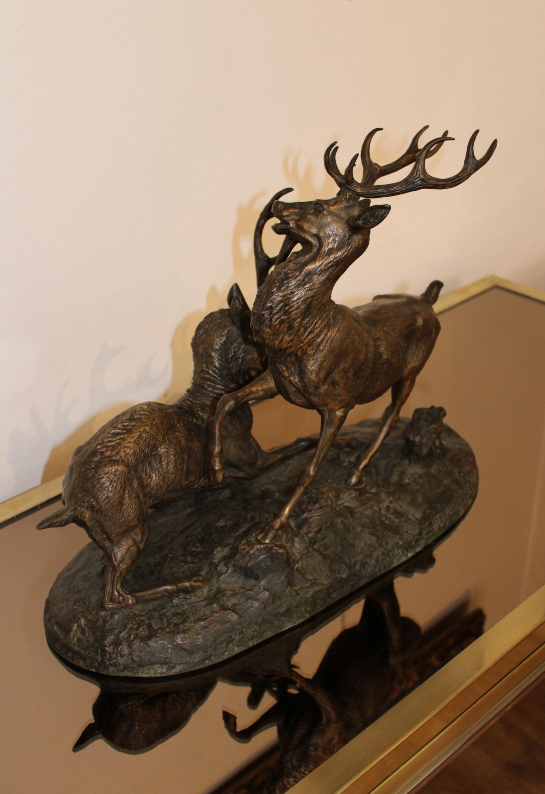Sculpture en bronze de cerfs par Edouard Delabrièrre, France, 19ème siècle 2
