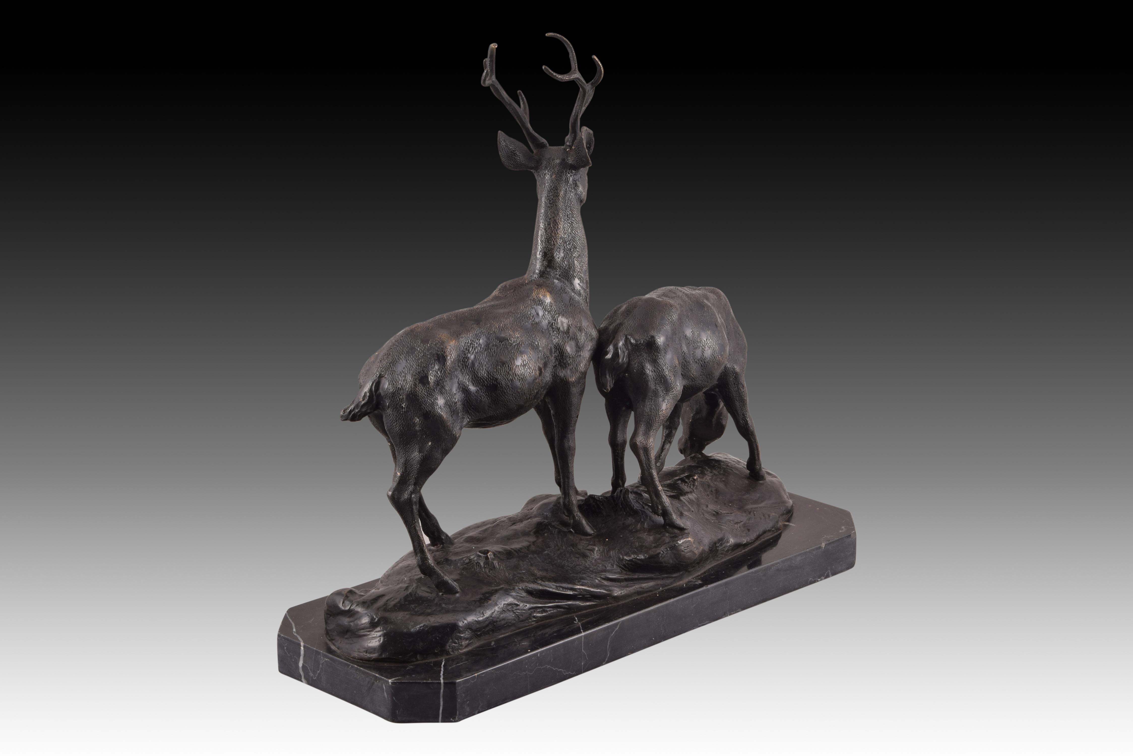 European Deers 'Stag and Hind' Bronze, Marble, 20th Century