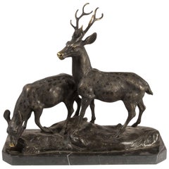 Deers 'Stag and Hind' Bronze, Marble, 20th Century