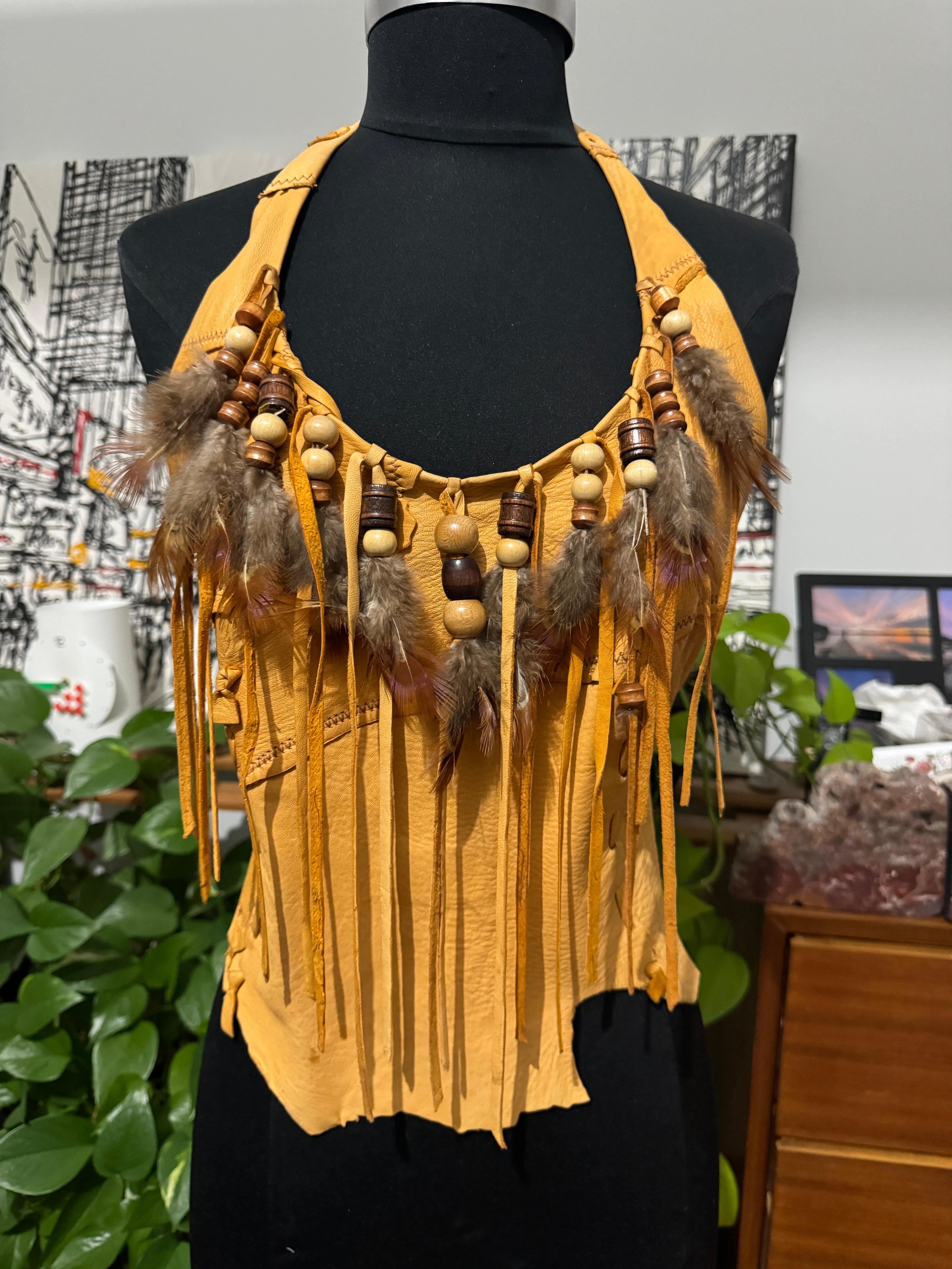 Deerskin Leather Halter Top Handmade Feathers 1970s For Sale 2