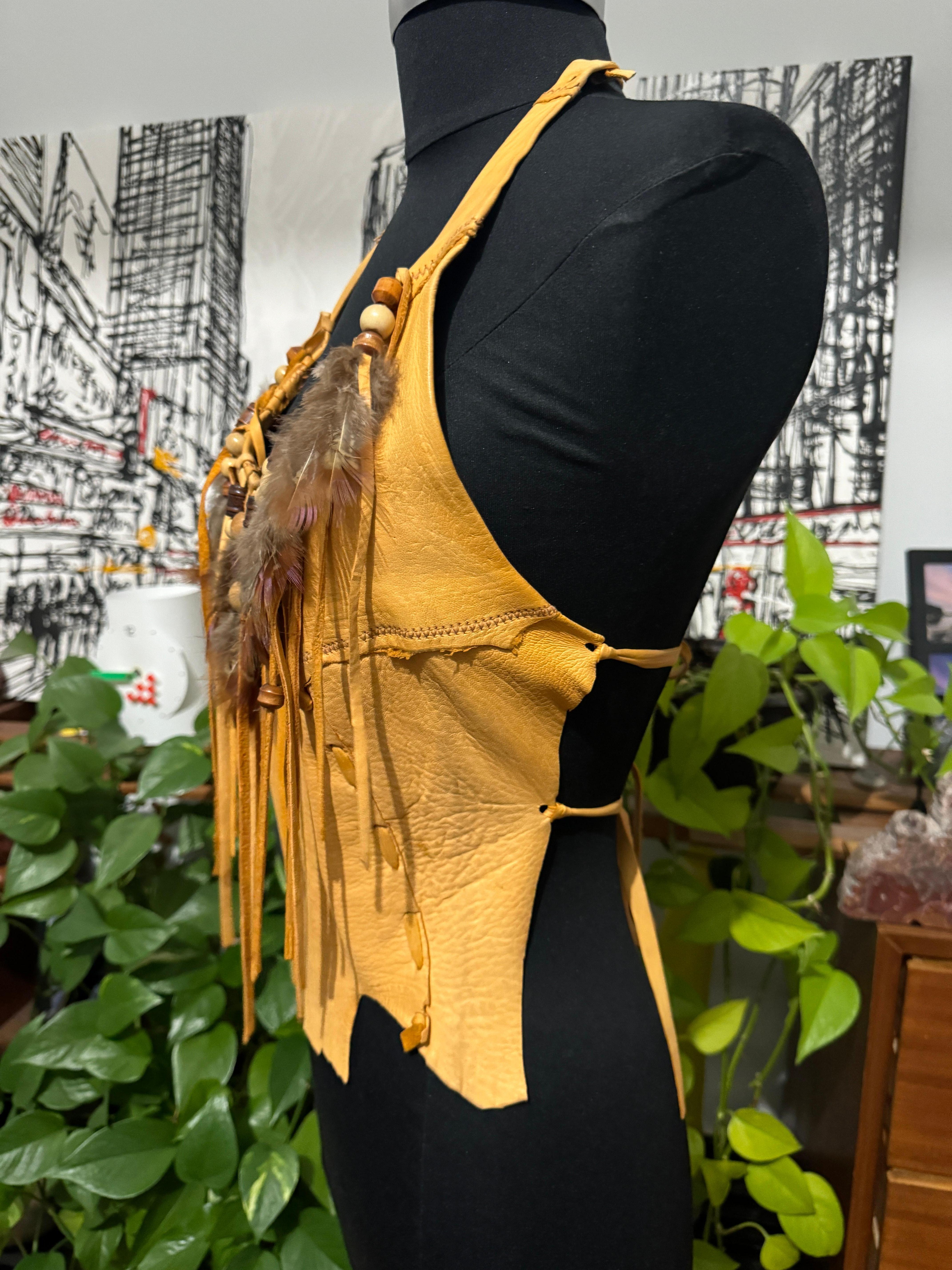 Deerskin Leather Halter Top Handmade Feathers 1970s For Sale 3