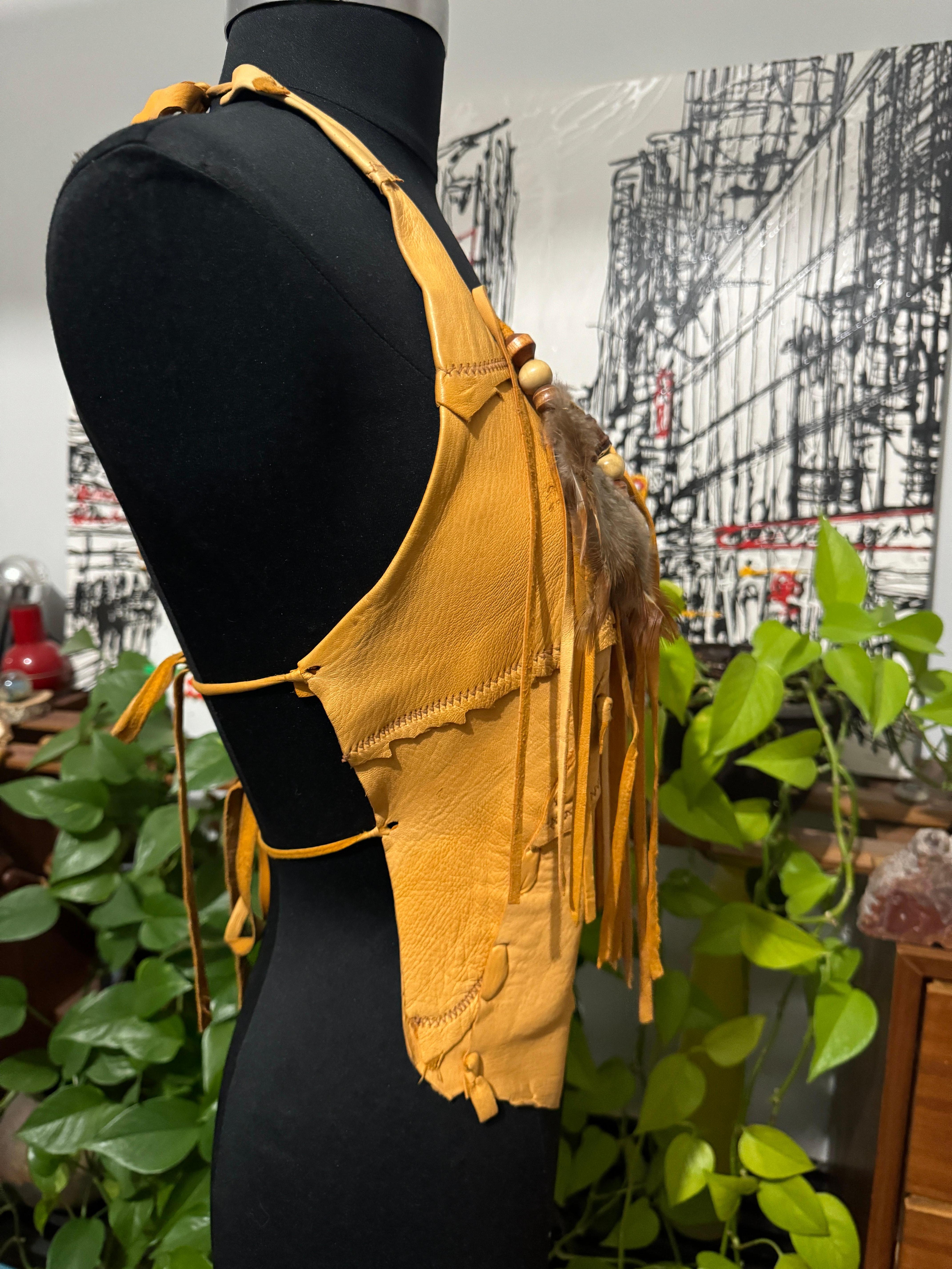 Deerskin Leather Halter Top Handmade Feathers 1970s For Sale 5